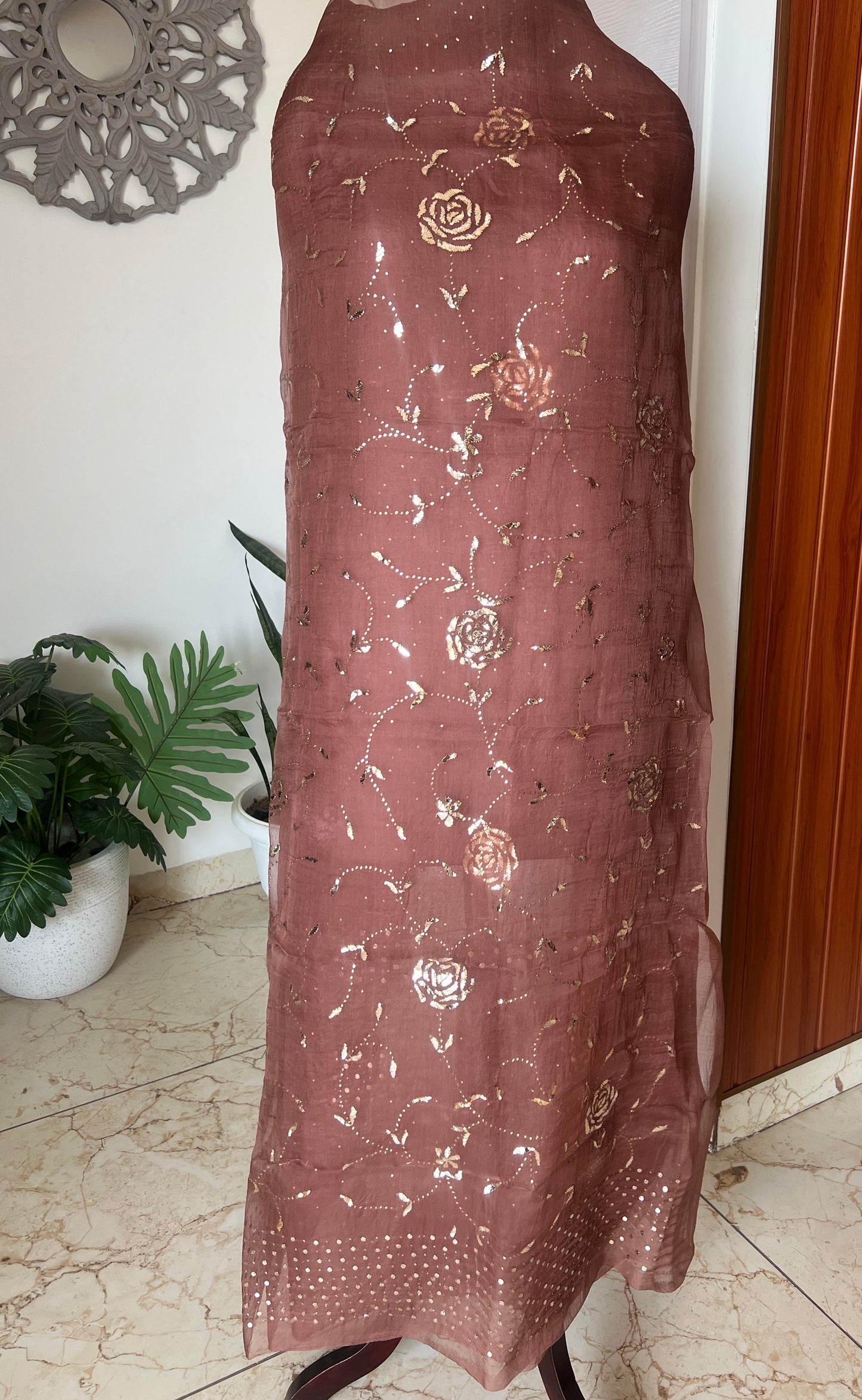 Taupe brown Gulaab pure organza badla work Kurta and Dupatta