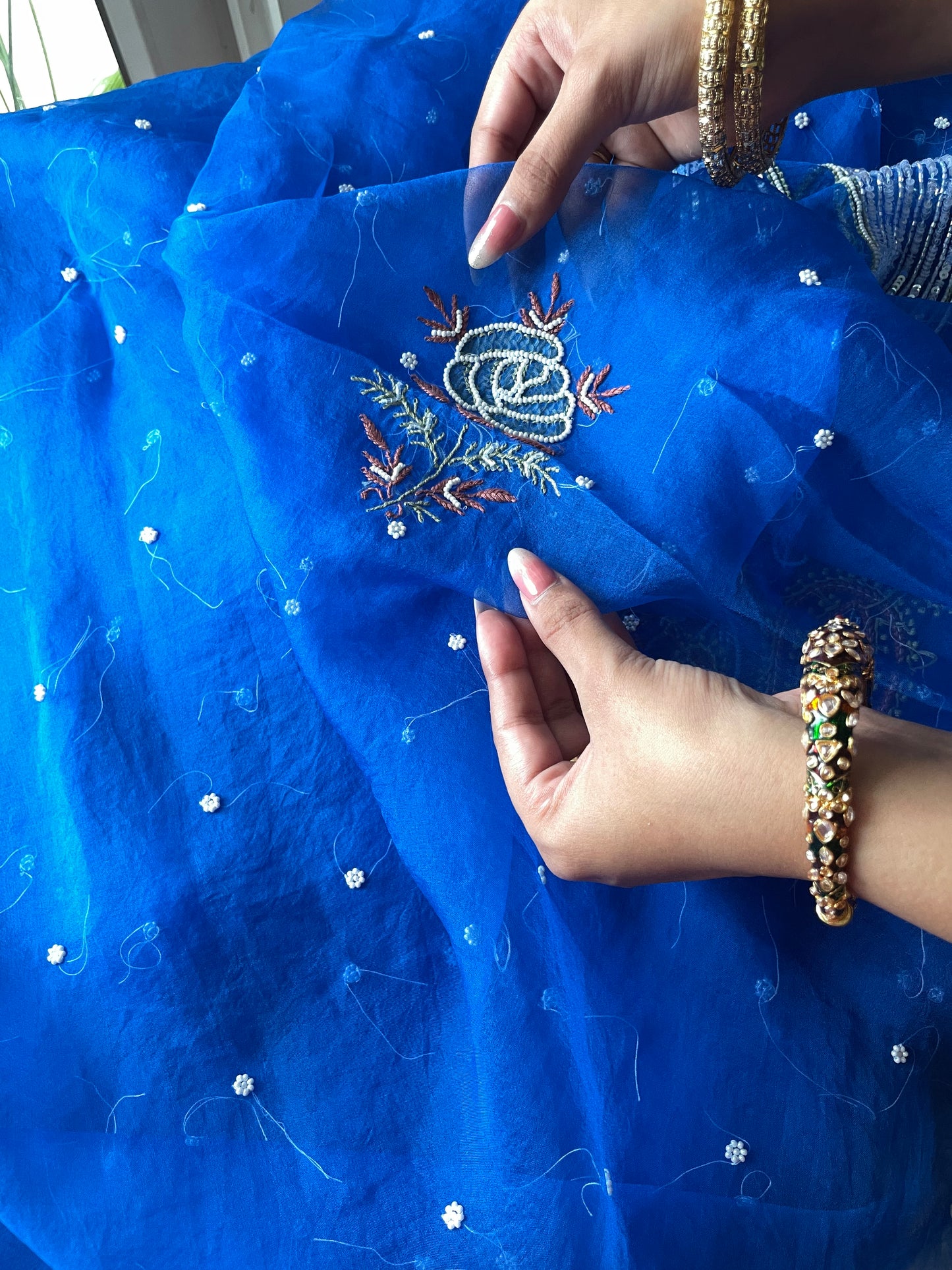 Royal Blue Chikankari pearl sequins pure Organza kurta with dupatta
