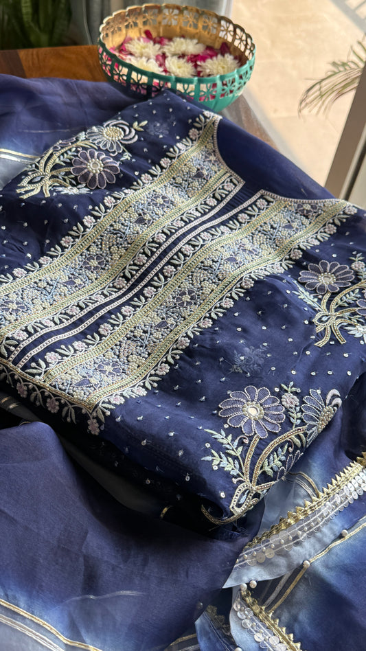 Ruhani Navy Blue fine Chikankari pure Organza kurta with dupatta
