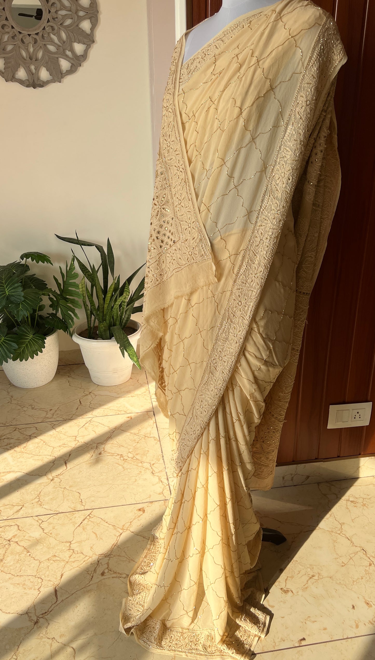 Ruhani Golden Chikankari Cut Dana and sequins Saree