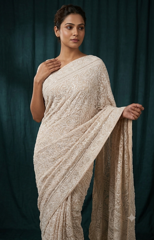 Ruhani Light Beige Chikankari Cut Dana and Sequins Saree