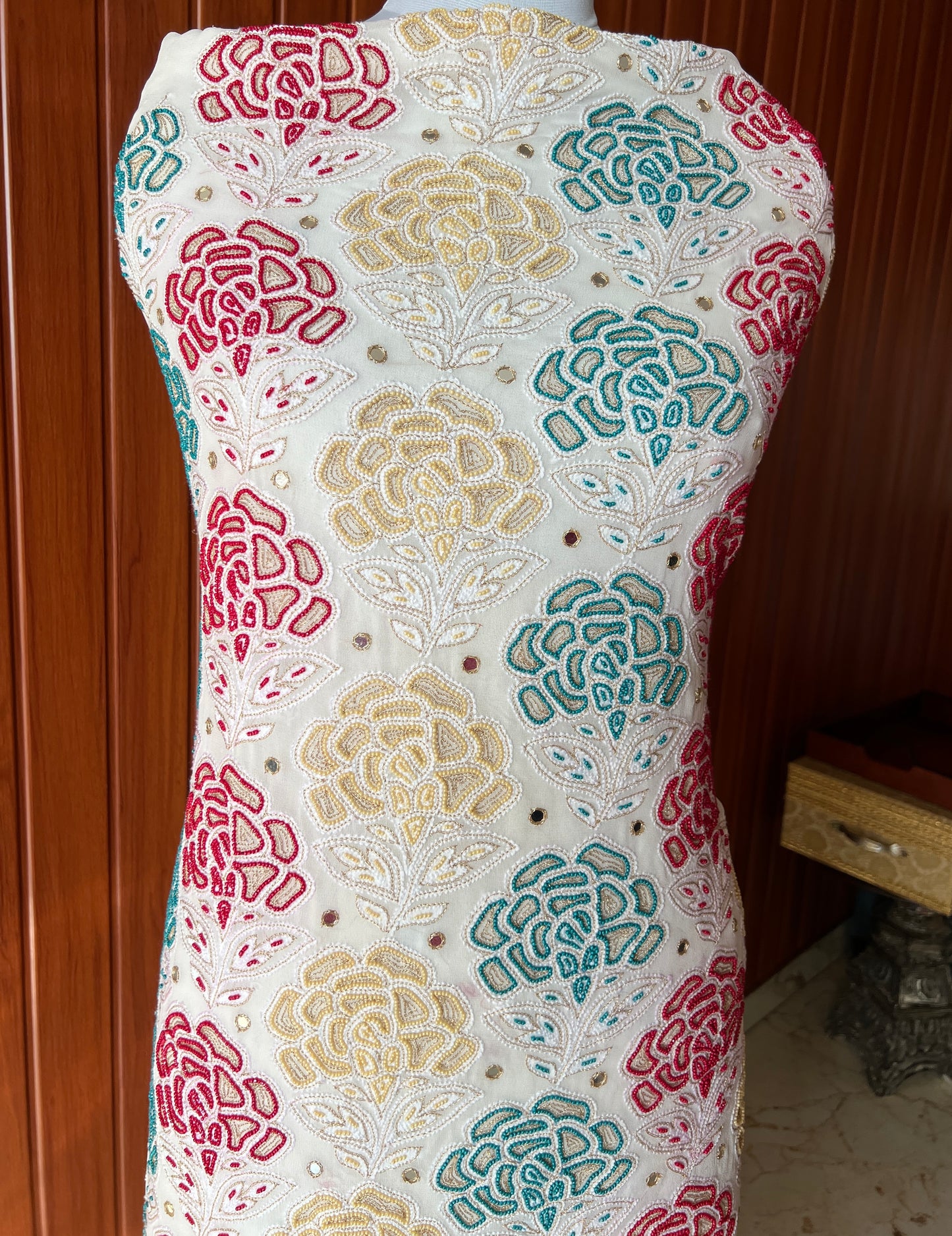 Ivory Chikankari and multicolored Pearl Embroidered Kurta and Dupatta