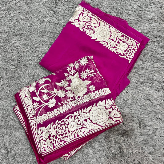 Hot Pink Masterpiece Hand Embroidered Parsi Gara full Suit
