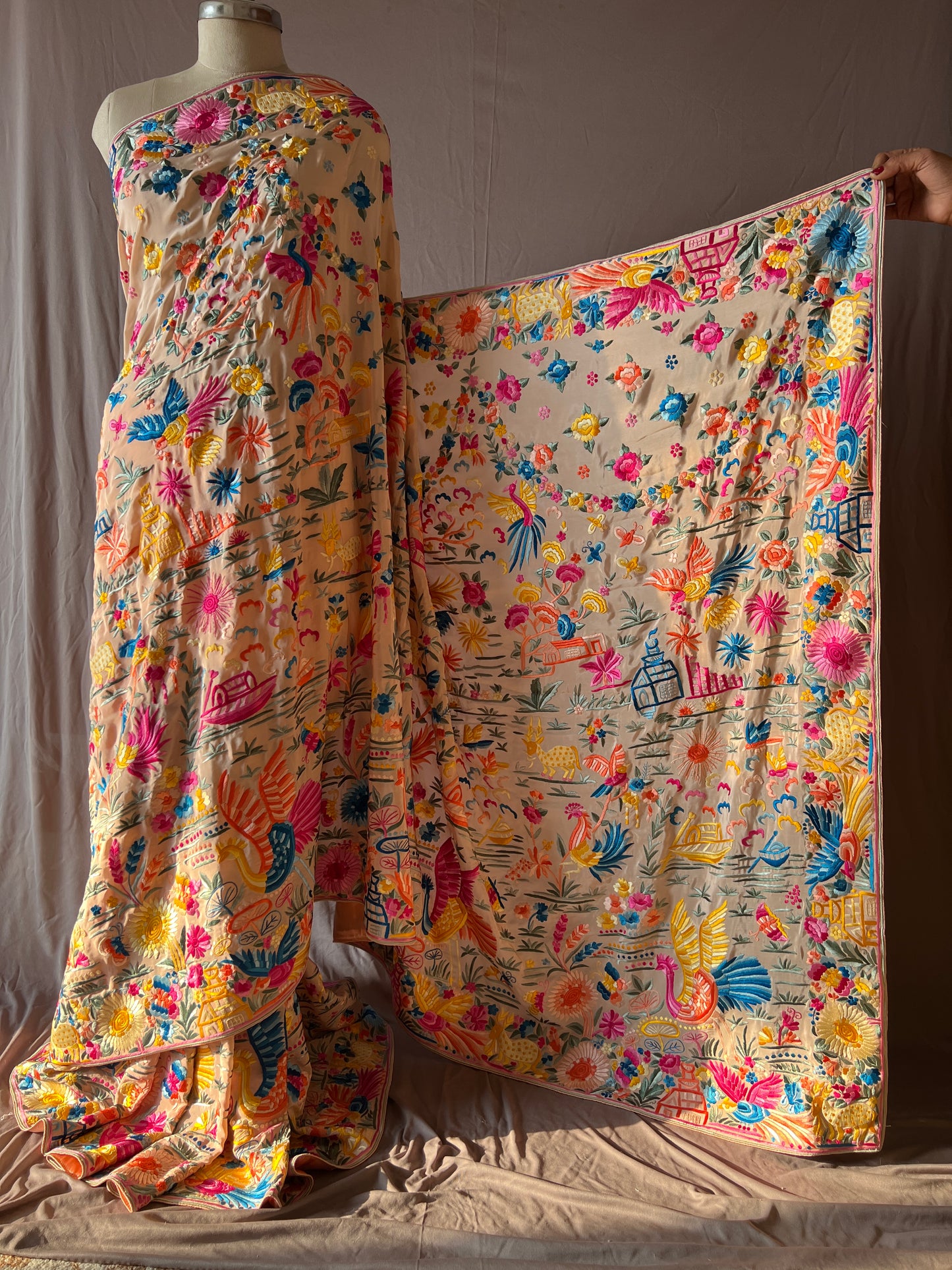 Flora and Fauna Parsi Gara Allover Hand Embroidered Saree on Pure Crepe