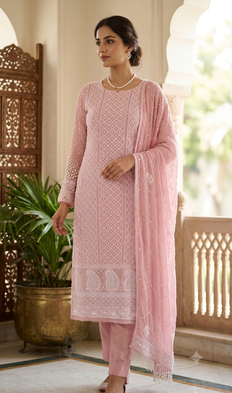 Rose Pink Chikankari cut dana pearl and sequins work kurta and dupatta