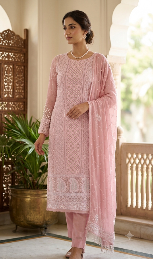Rose Pink Chikankari cut dana pearl and sequins work kurta and dupatta