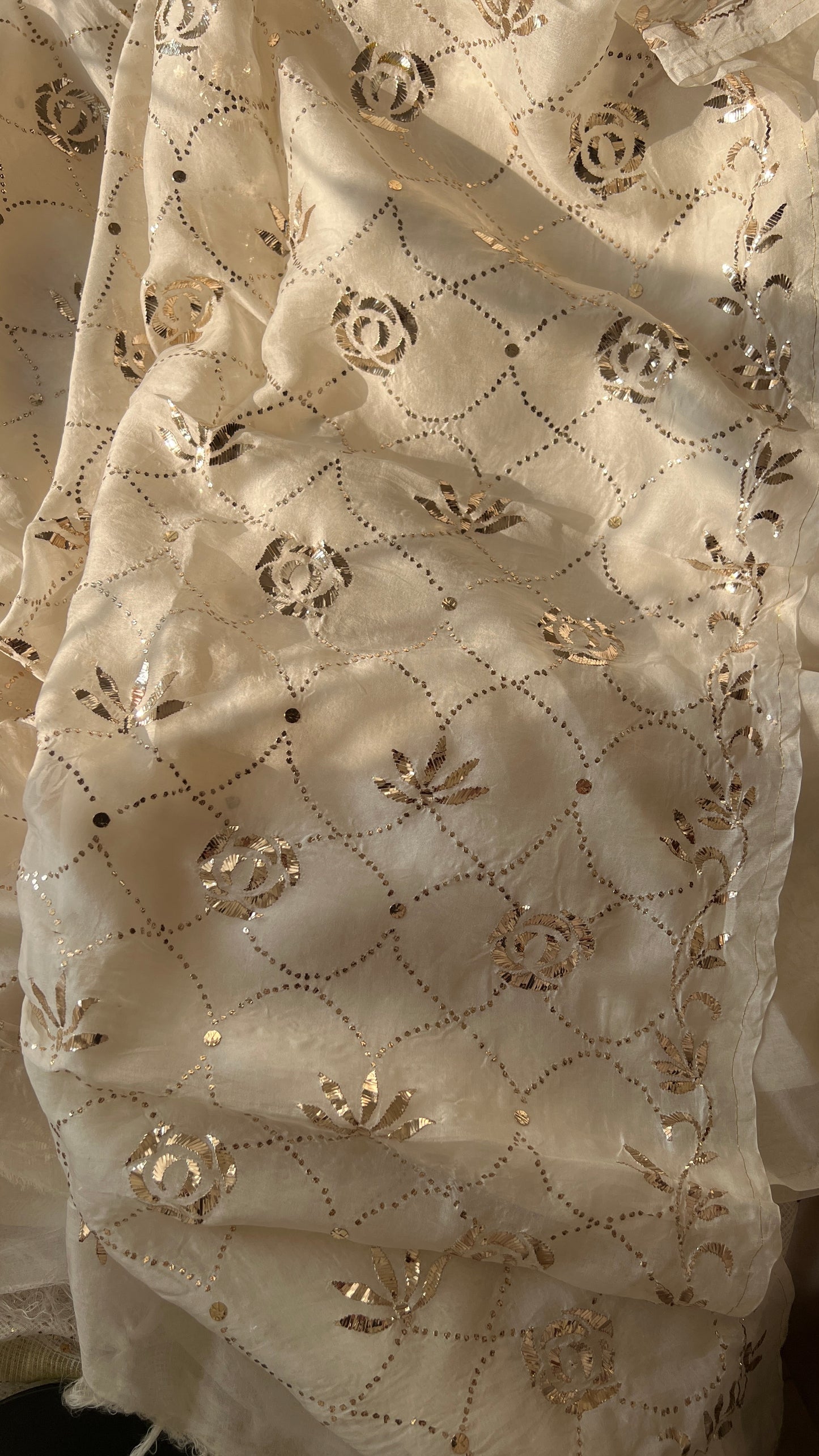 Ivory Pure Organza Saree with Badla and Mukaish Work