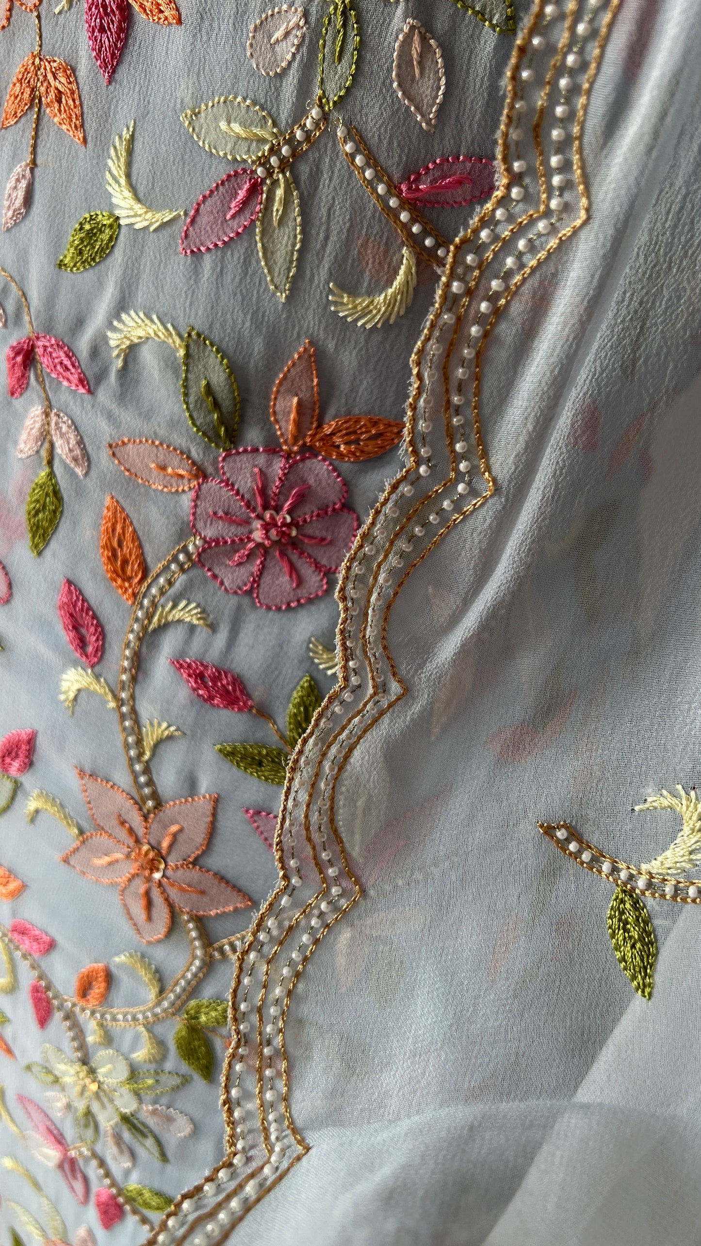Light Blue Resham Chikankari Parsi Gara and pearl work suit