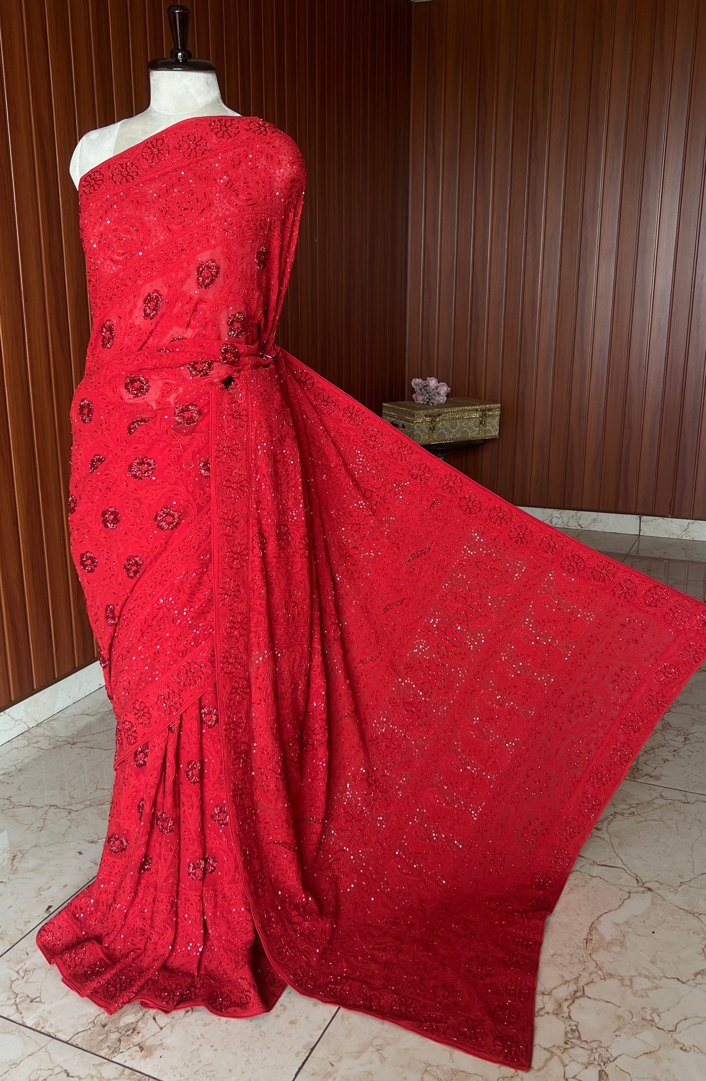 Red Masterpiece Chikankari Cut Dana Sequins Saree