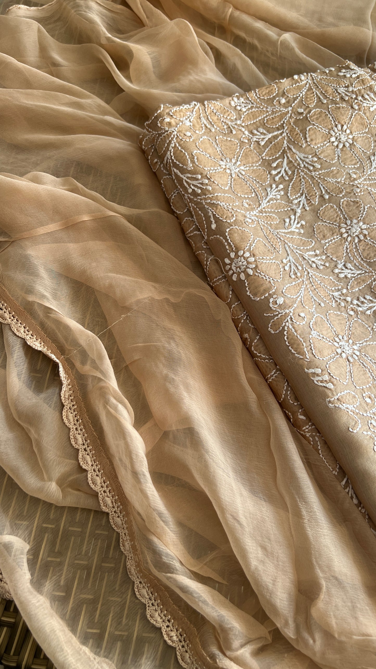 Tussar silk Chikankari embroidered kurta with chiffon dupatta