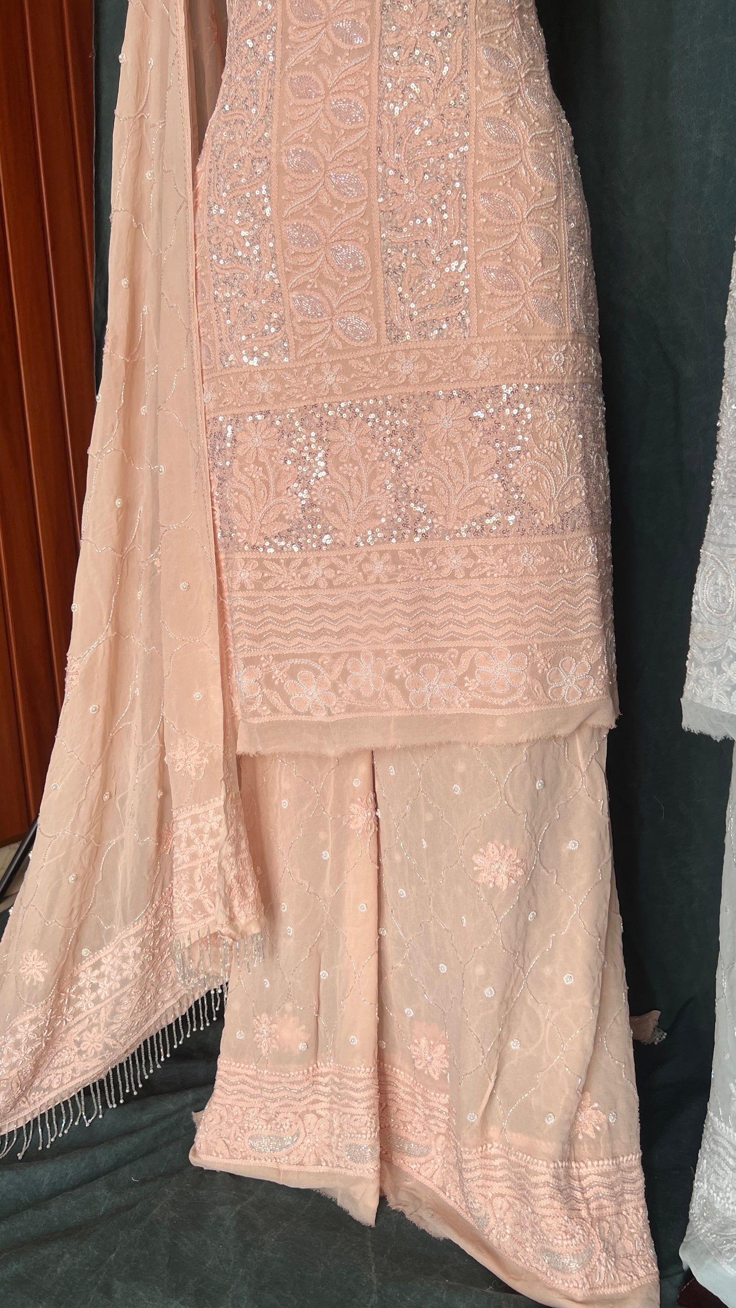 Blush peach Chikankari cut dana and sequins work full suit