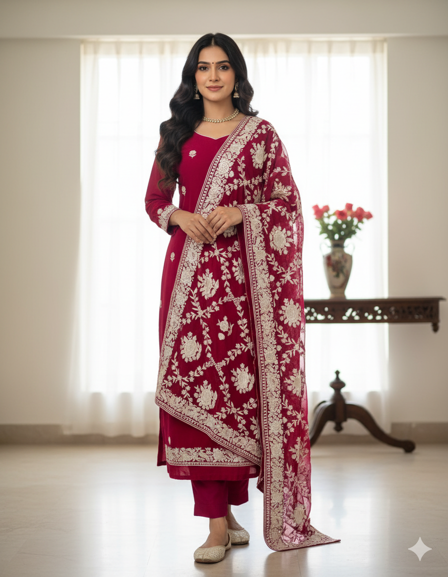 Ruby Red Masterpiece Hand Embroidered Parsi Gara full Suit