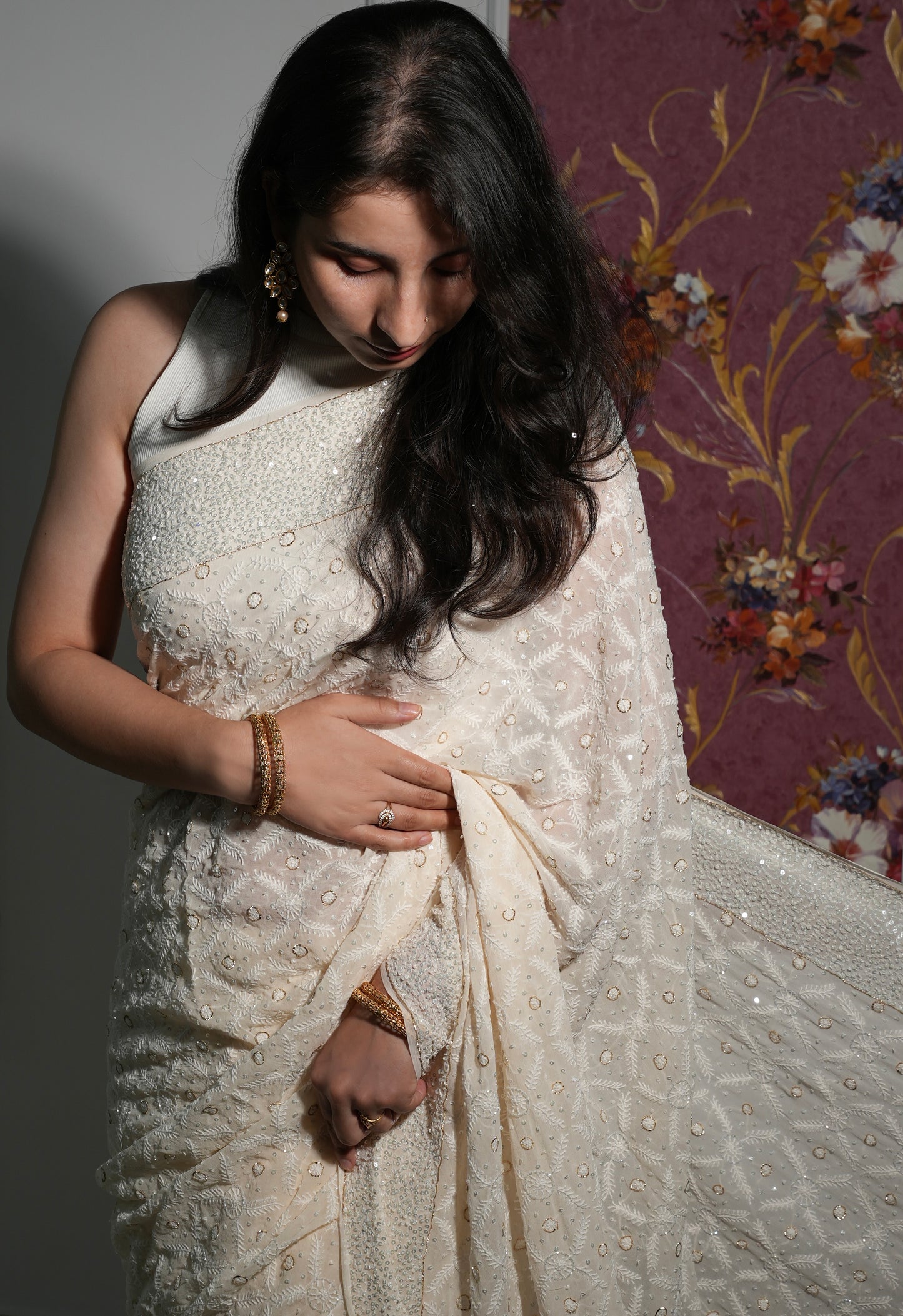 Suhaan Ivory Teen Taar Chikankari Heirloom Saree