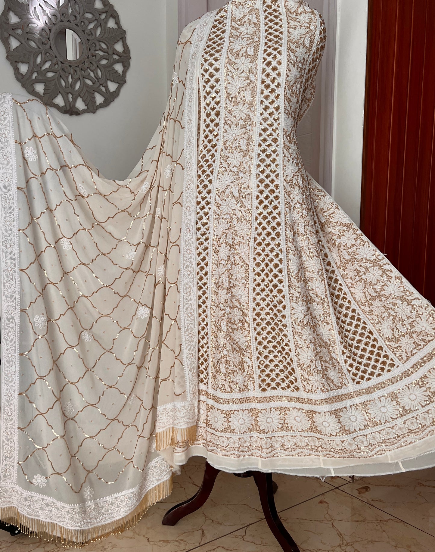 Ruhani Off white Chikankari sequins cut Dana Anarkali