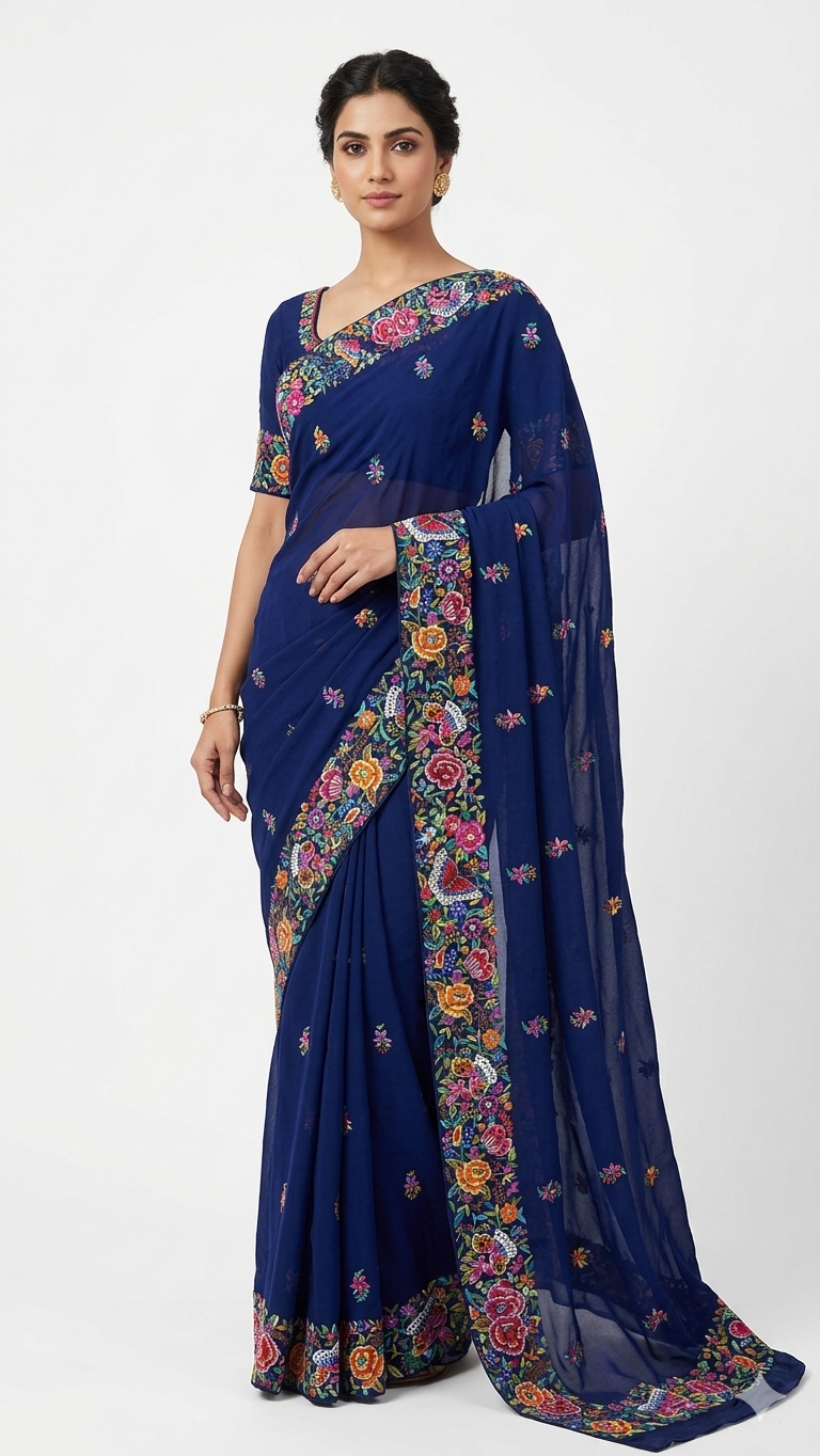 Navy Blue Masterpiece Petit Point Hand Embroidered Saree