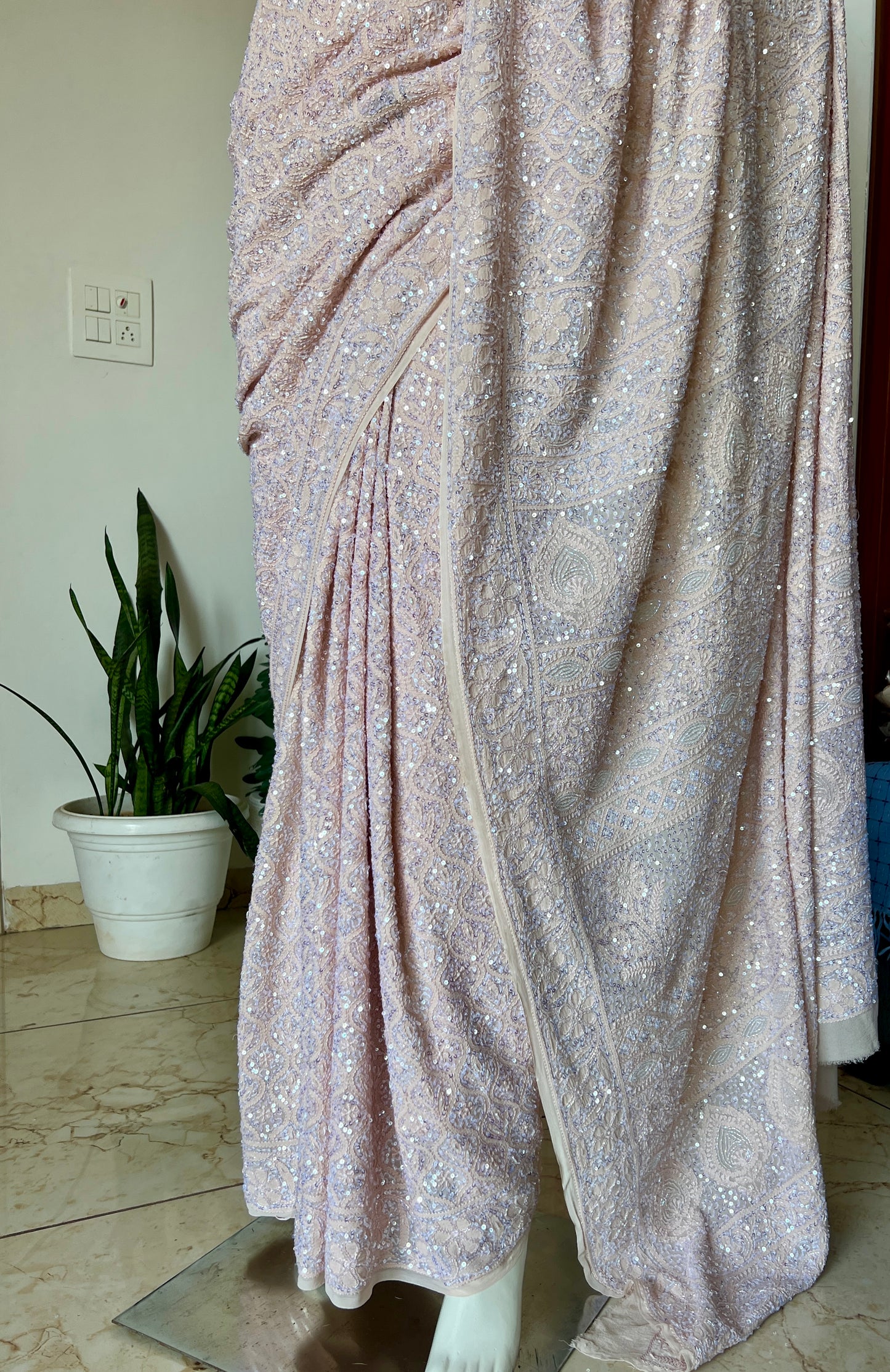 Ruhani Beige Chikankari Sequins Cut Dana Embroidered Masterpiece Saree