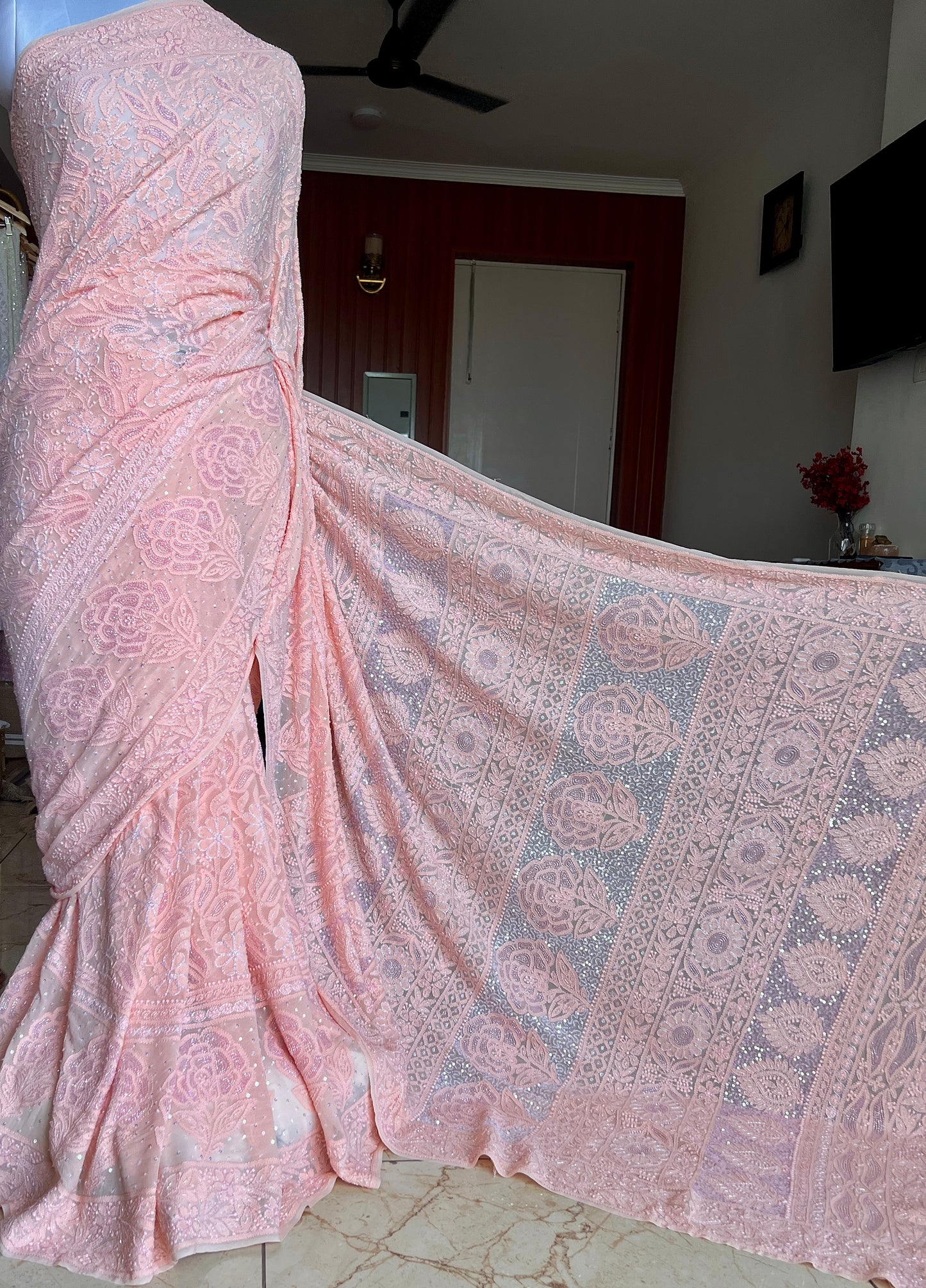 Ruhani Blush Peach Chikankari Cut Dana and Sequins Saree