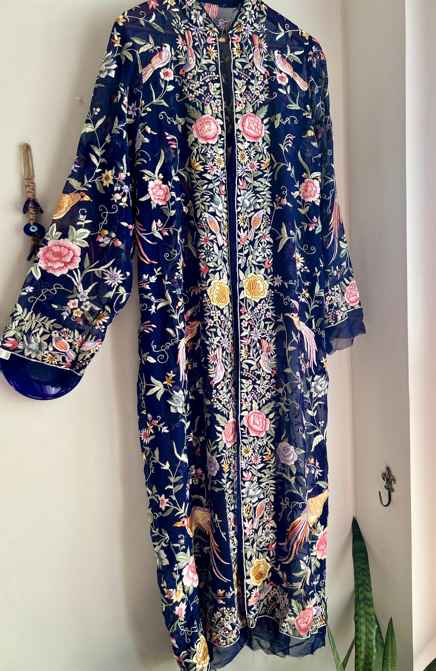 Navy Blue Masterpiece Hand Embroidered Parsi Gara Semi Stitched Jacket