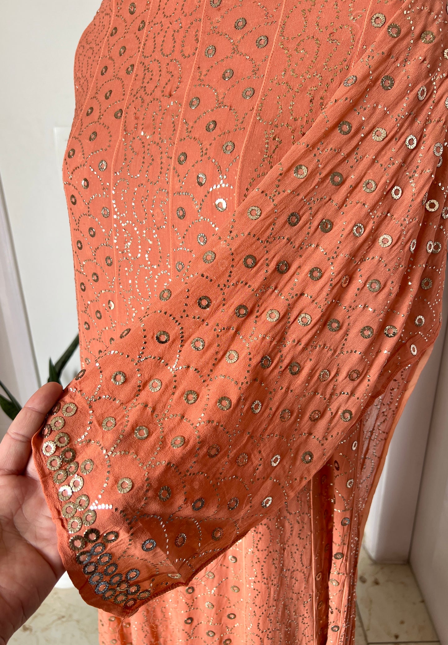 Old Rose Peach designer Mukaish Georgette Anarkali with Dupatta