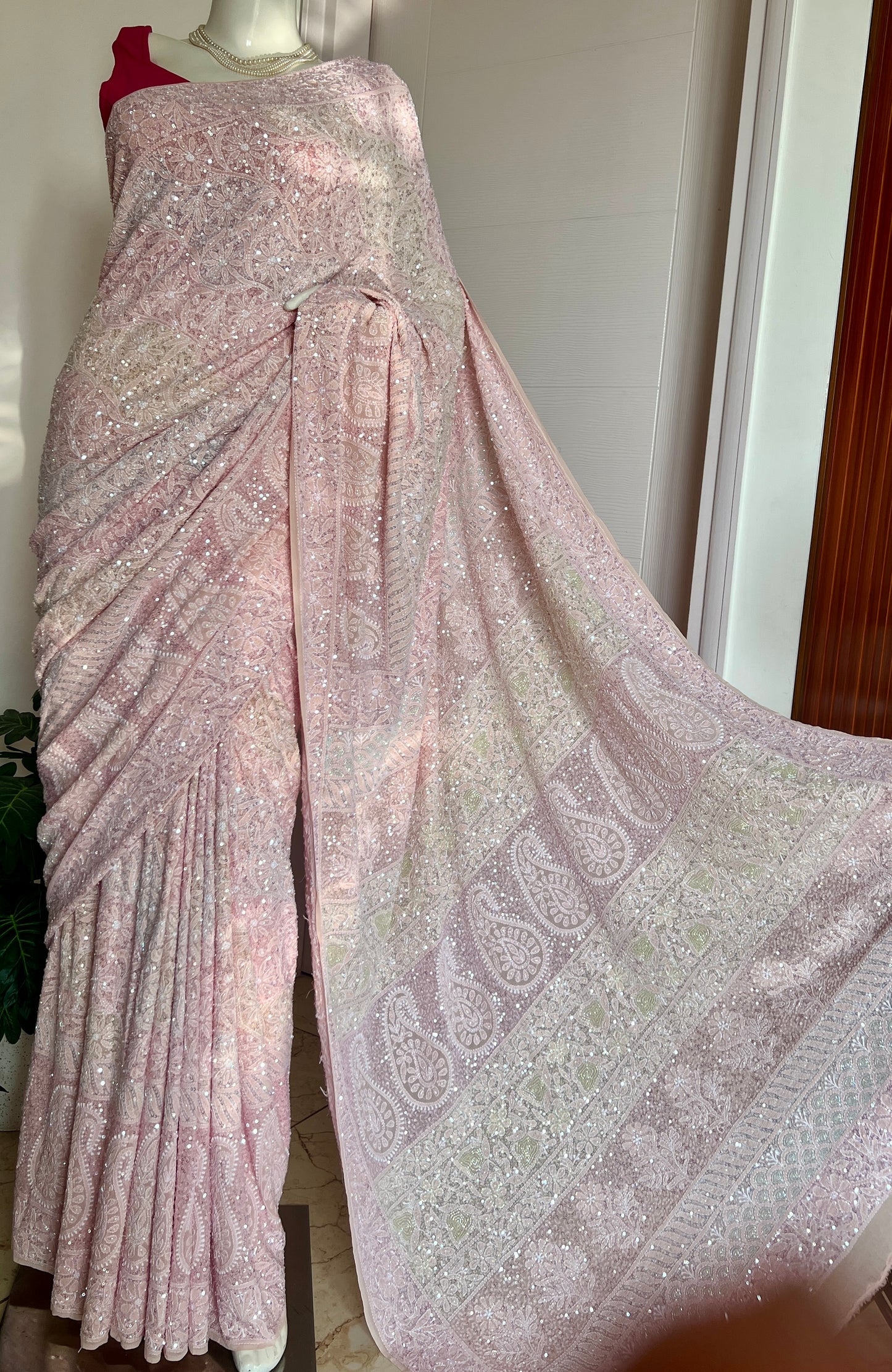 Ruhani Blush Pink Chikankari Multi Cut Dana and Sequins Saree