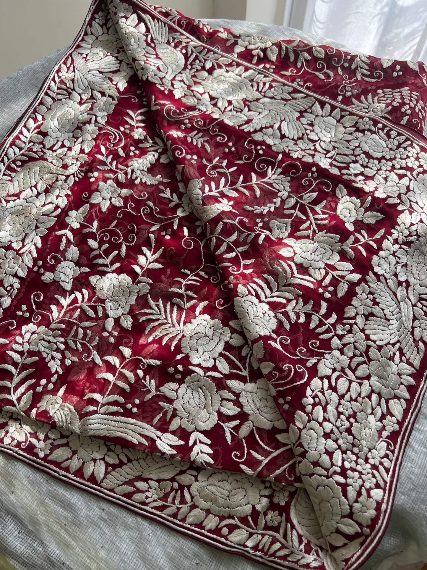 Ruby Red Masterpiece Heavy Parsi Gara Hand Embroidered Dupatta
