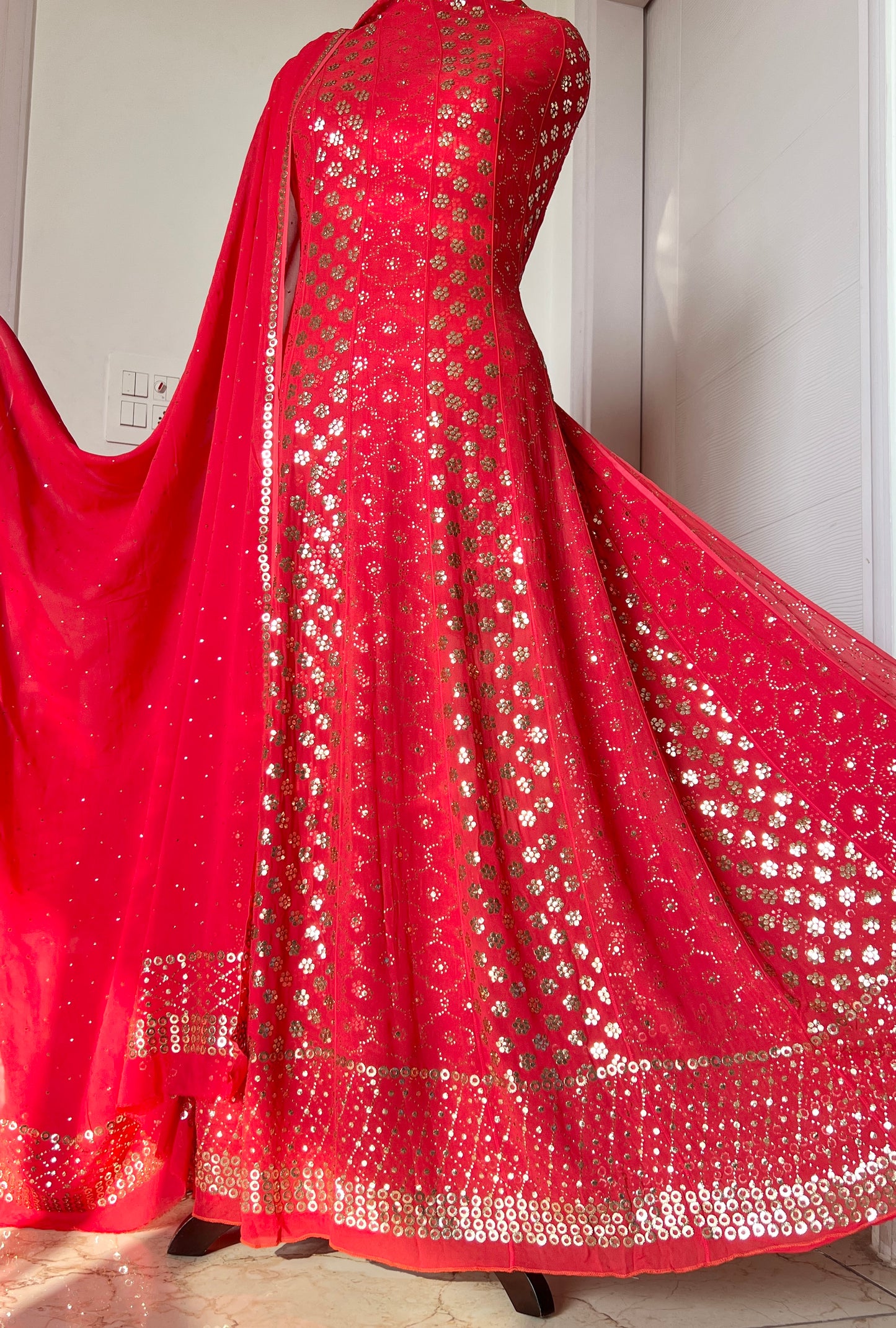 Red heavy designer Mukaish Georgette Anarkali with Dupatta