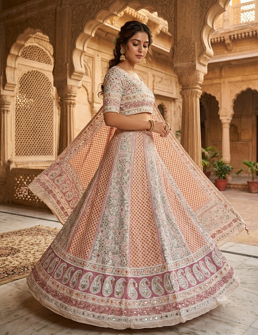 Ruhani Ivory Chikankari Mirror Gota and Multicolored Thread Work Wedding Lehenga