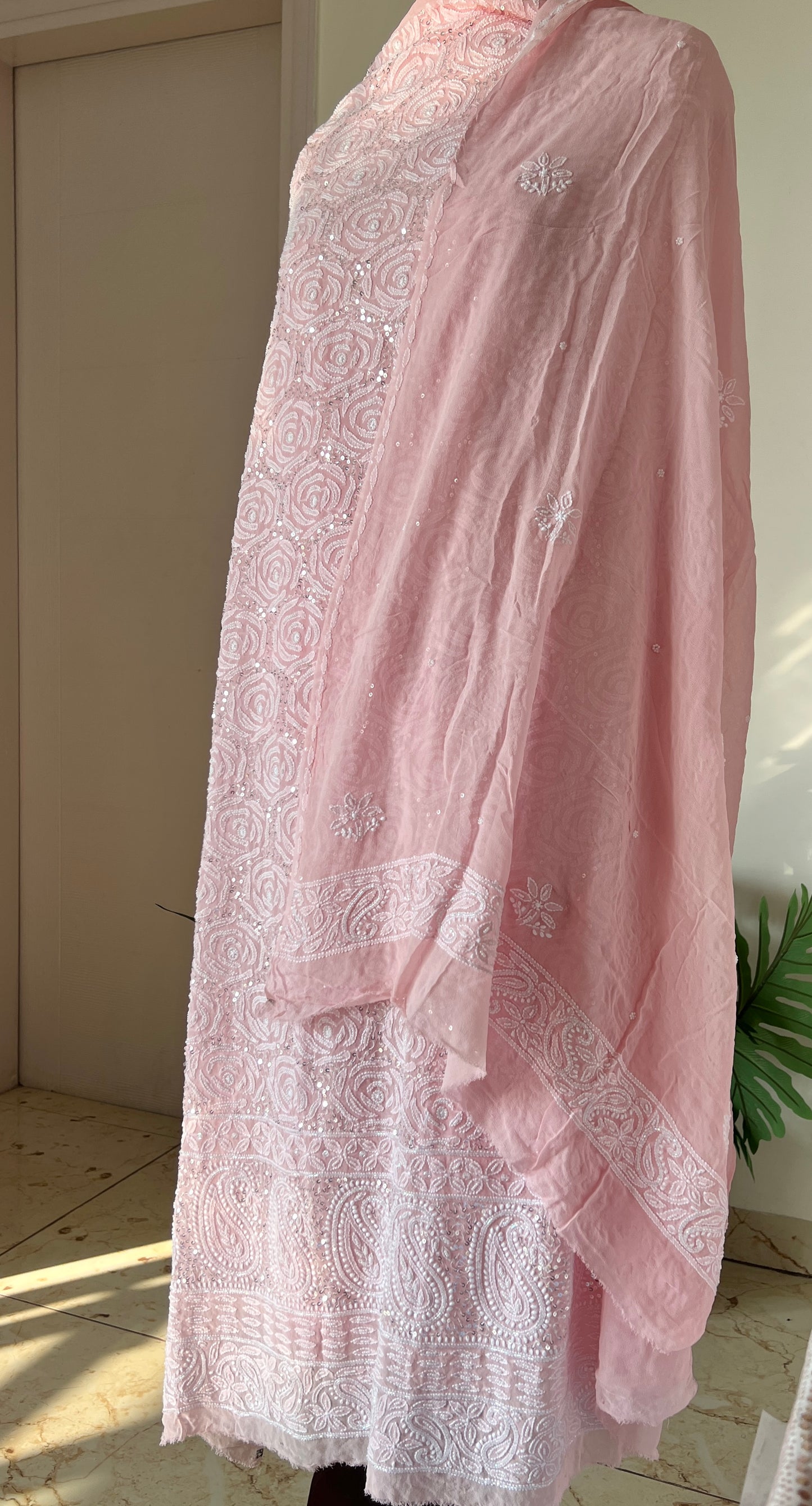 Blush pink fine Chikankari Pearl and sequins Embroidered Kurta and Dupatta