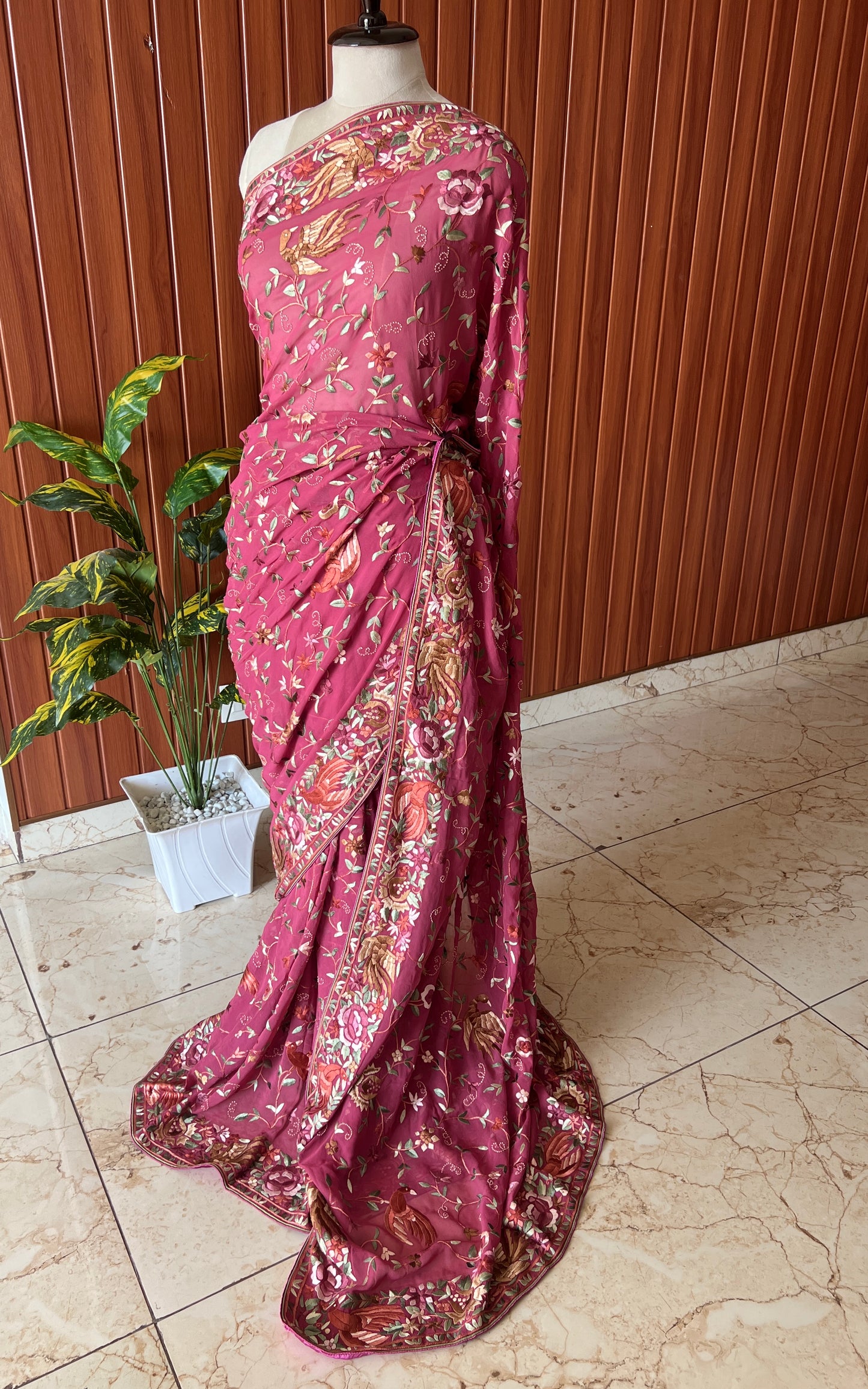 Deep Raspberry Pink Masterpiece Parsi Gara Saree