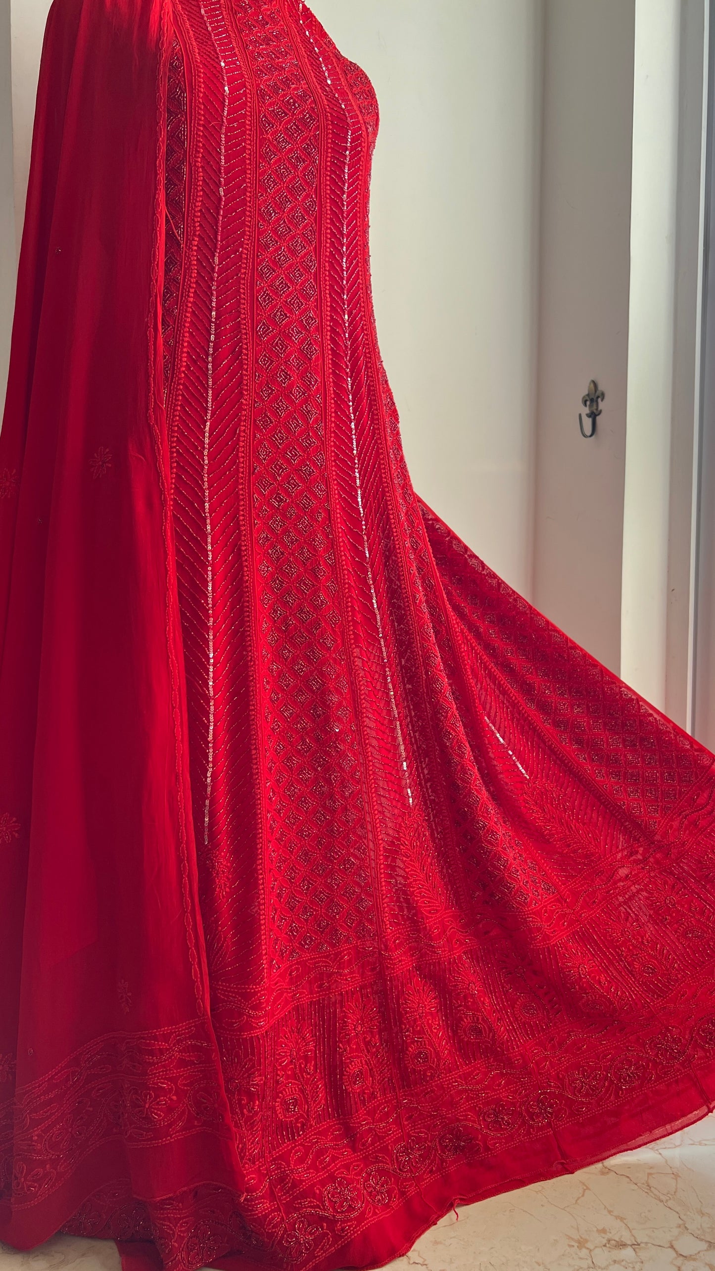 Red Chikankari Cut Dana and sequins Anarkali with Dupatta