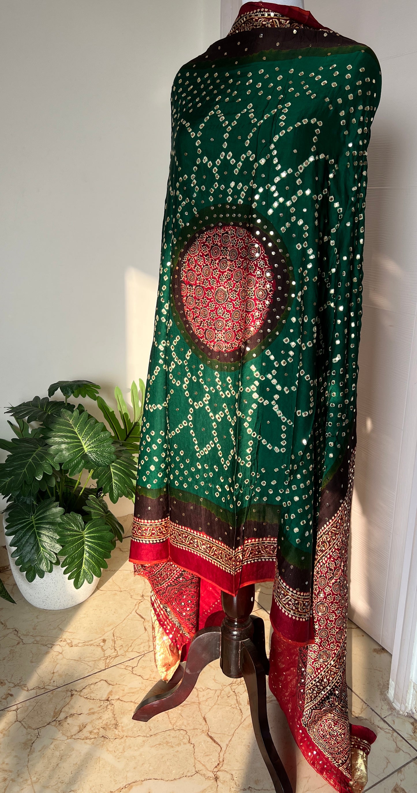 Green modal silk ajrakh and bandhej dupatta with heavy mukaish