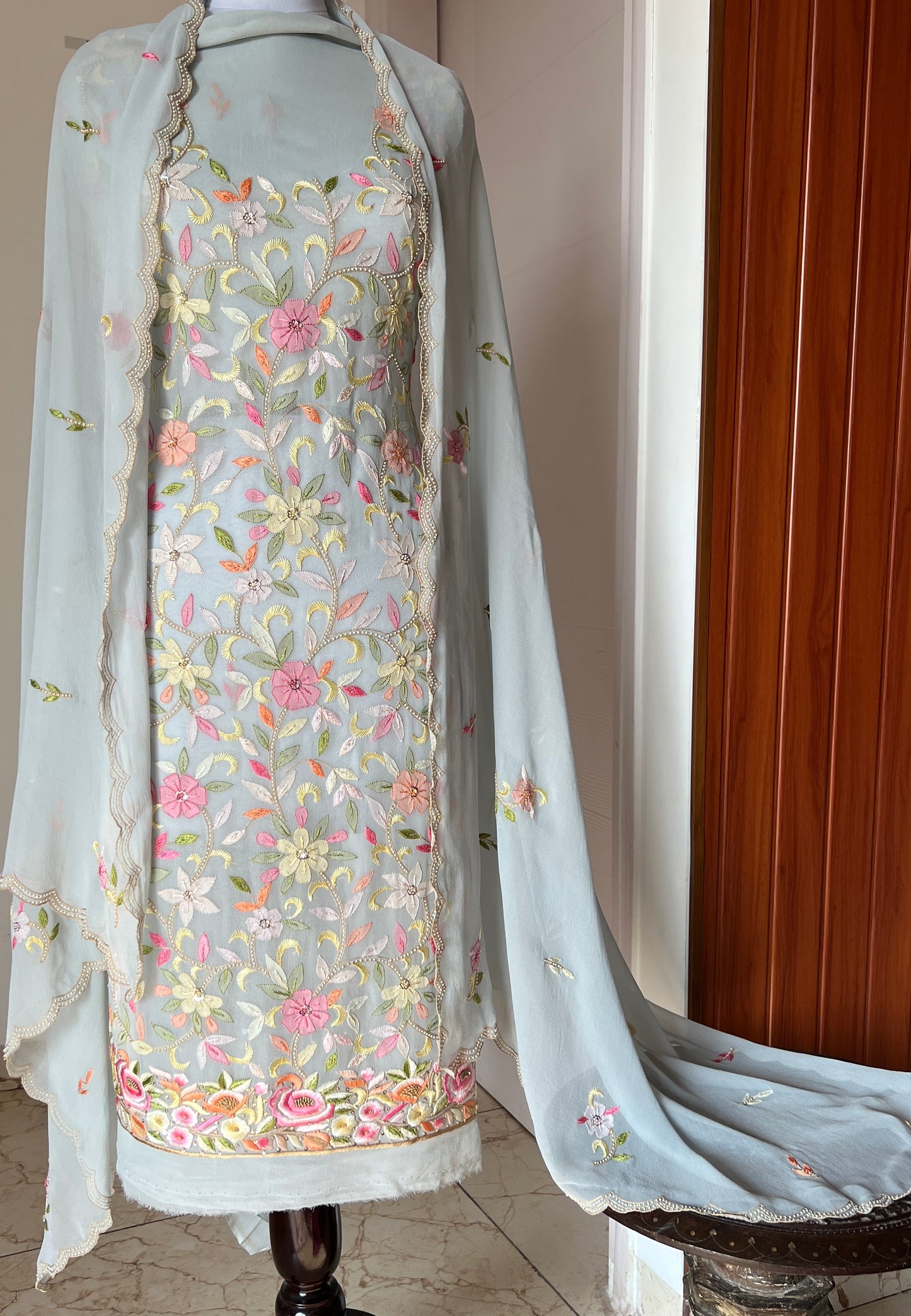 Ice Mint Resham Chikankari Parsi Gara and pearl work suit