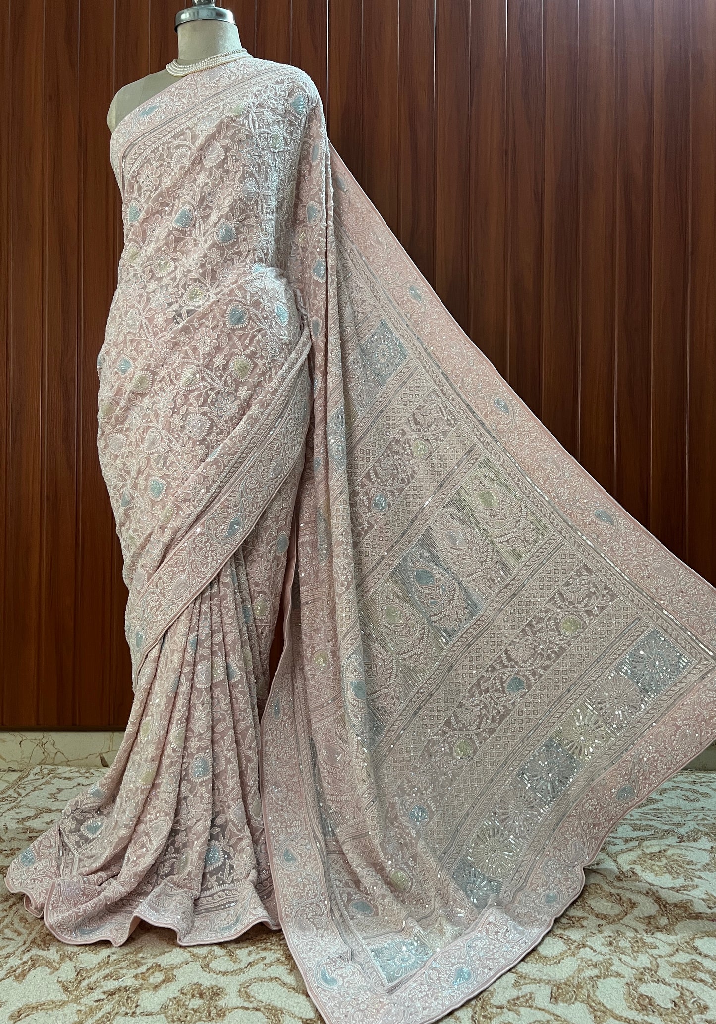 Ruhani Light Pink Chikankari Multi Cut Dana and Sequins Saree