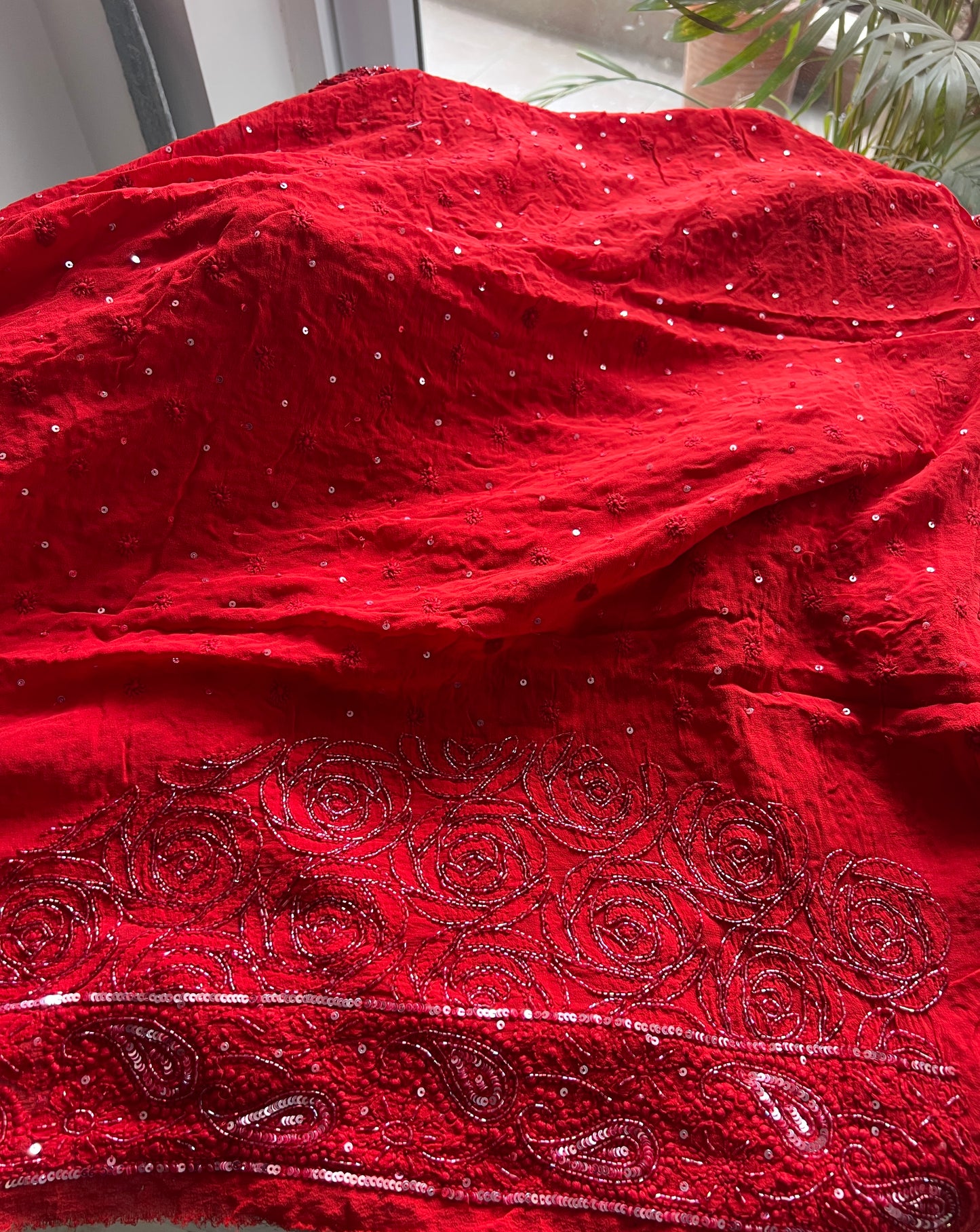 Red Gulaab Masterpiece Chikankari Cut Dana Sequins Saree