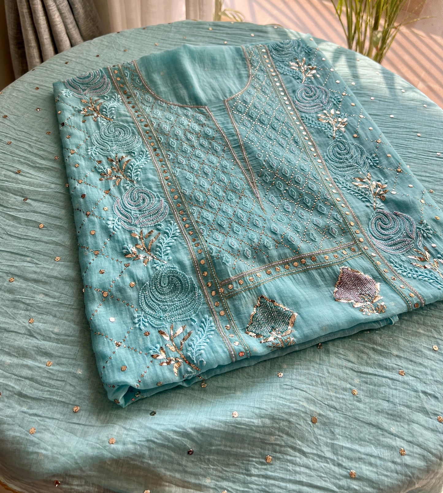 Firozi mukaish and Cut Dana Kurta and Dupatta