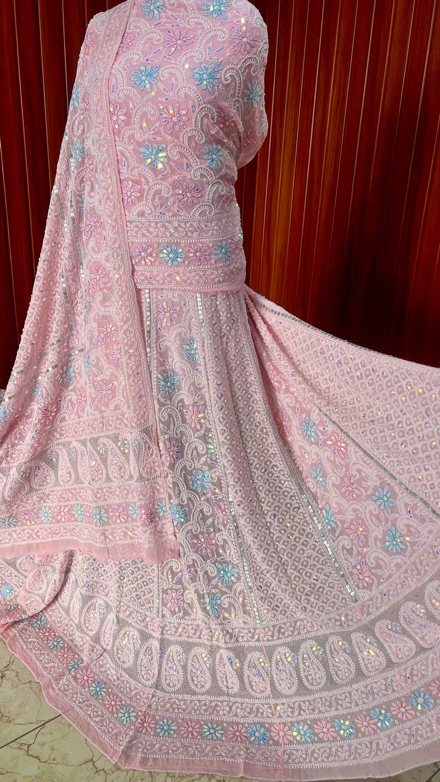 Peachy Pink Ruhani Chikankari Pearl Sequins Gota and Multicolored Aari Work Wedding Lehenga