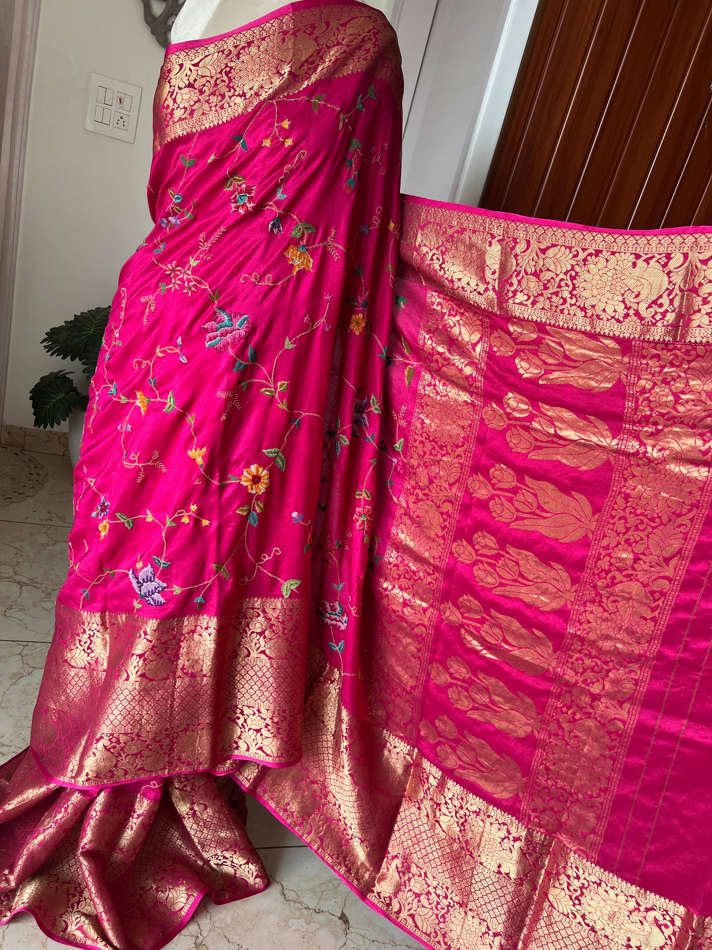 Hot Pink Petit Point Hand Embroidered Saree