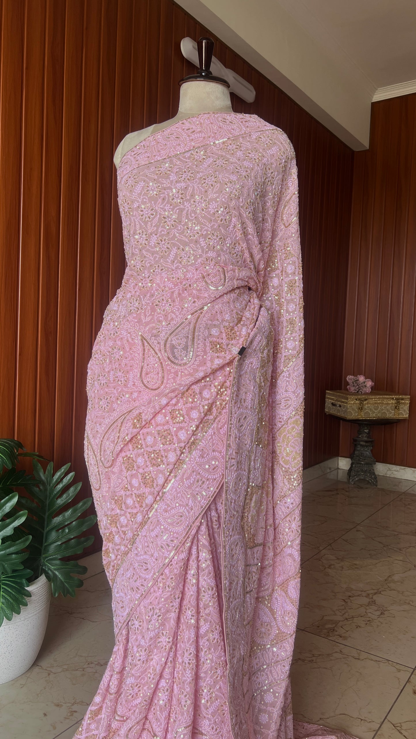 Ruhani Rose Pink Chikankari Sequins Cut Dana Embroidered Masterpiece Saree