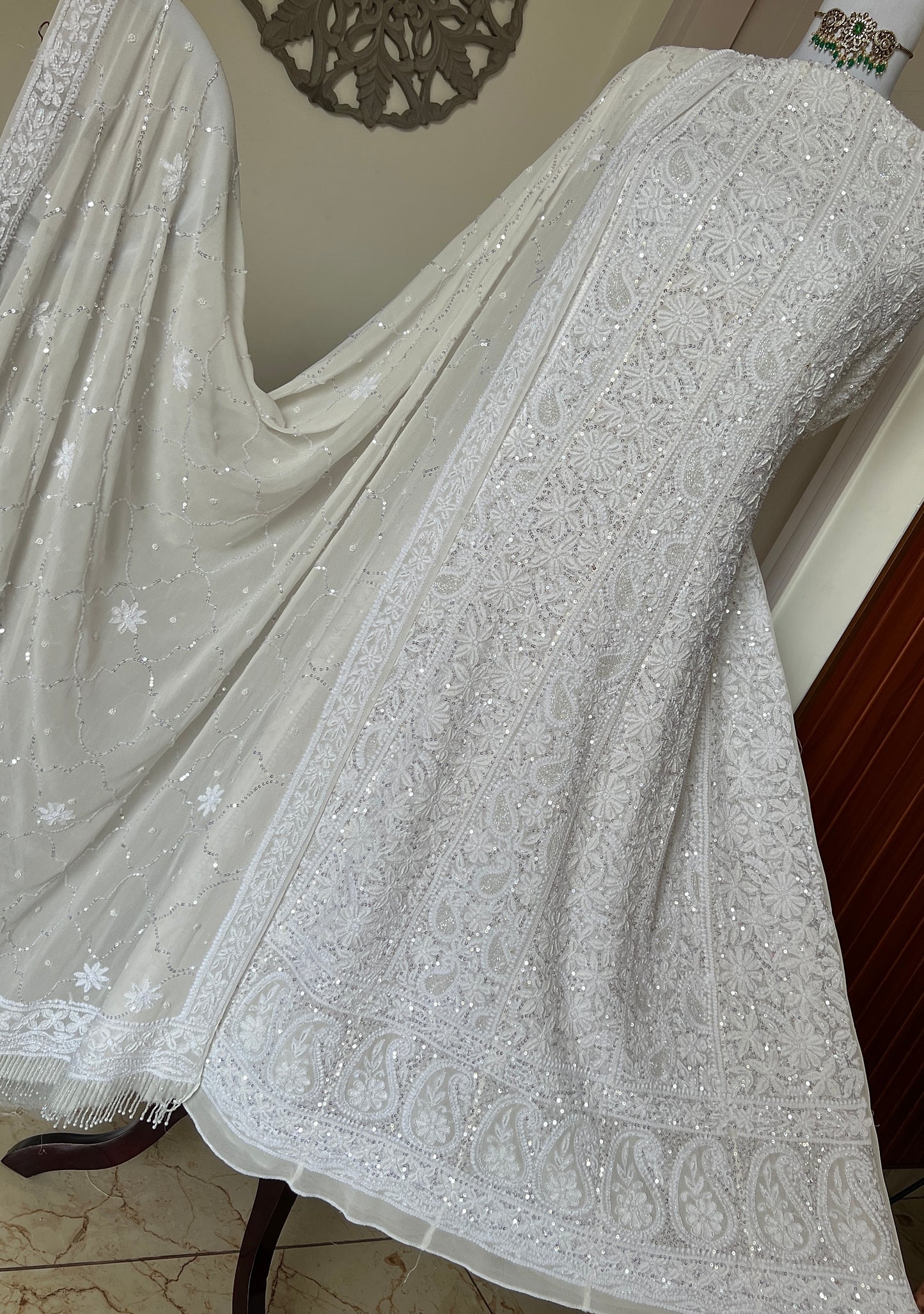 Ruhani Off white Chikankari sequins pearl cut Dana Anarkali
