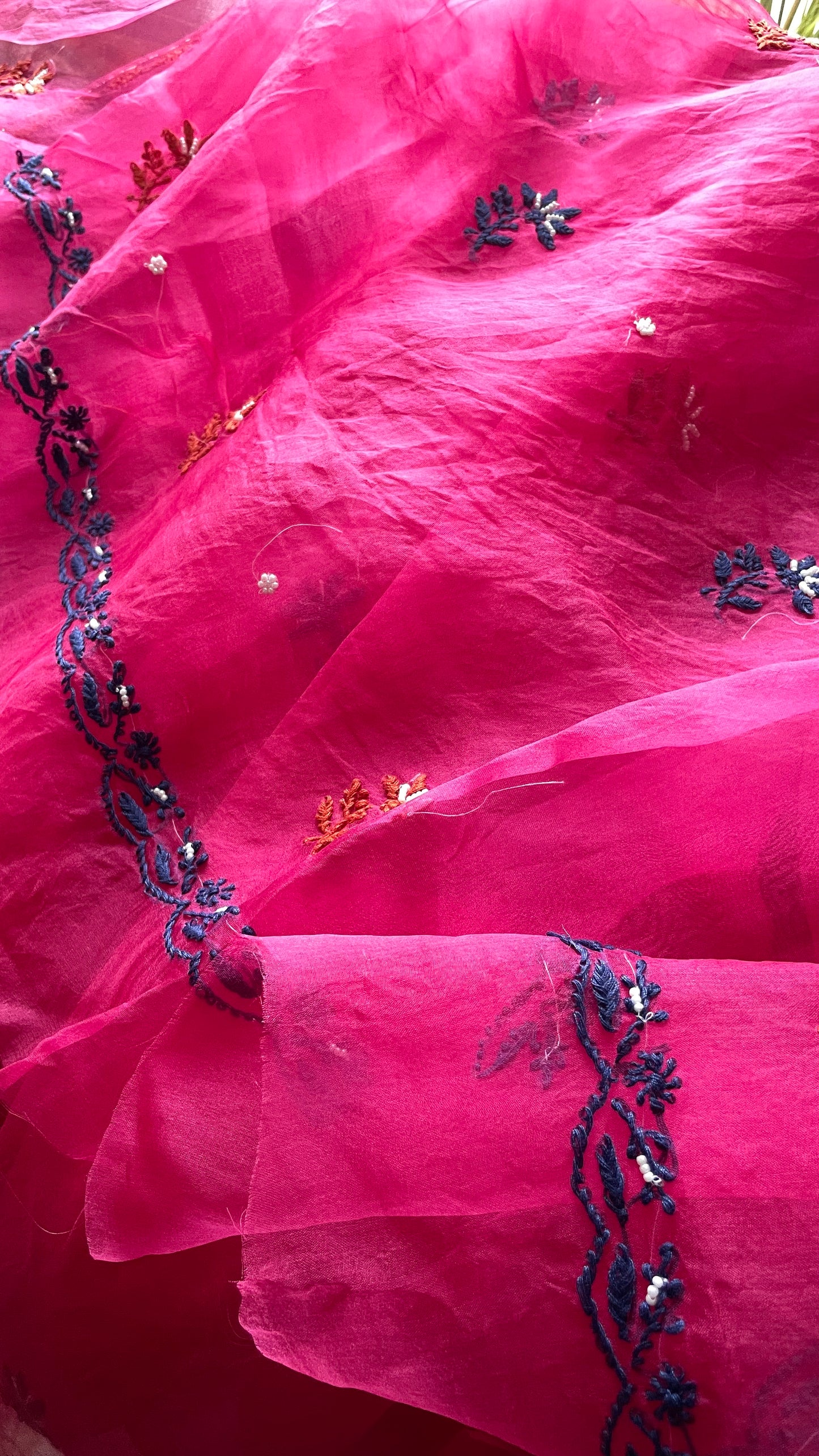 Hot Pink Chikankari pearl sequins pure Organza kurta with dupatta