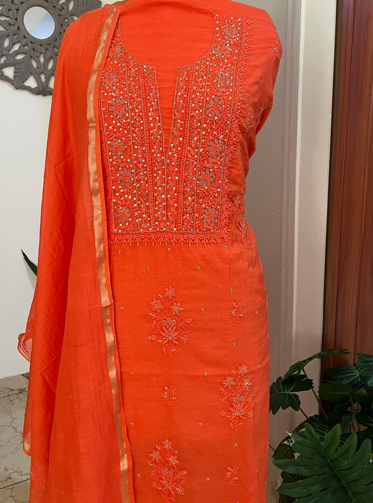 Mul Chanderi Chikankari Kurta and Dupatta Set