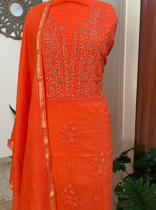 Mul Chanderi Chikankari Kurta and Dupatta Set
