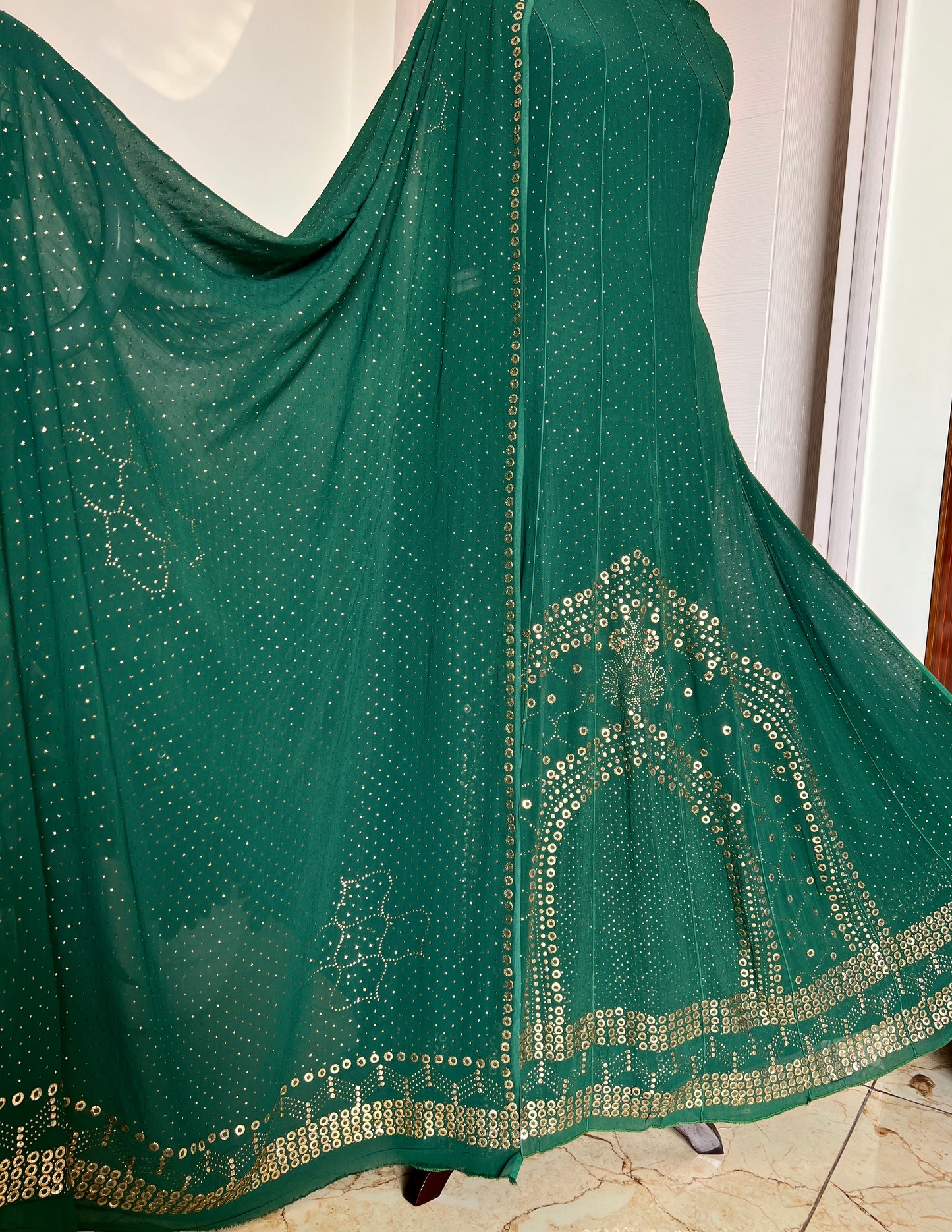 Bottle green designer Mukaish Georgette Anarkali with Dupatta