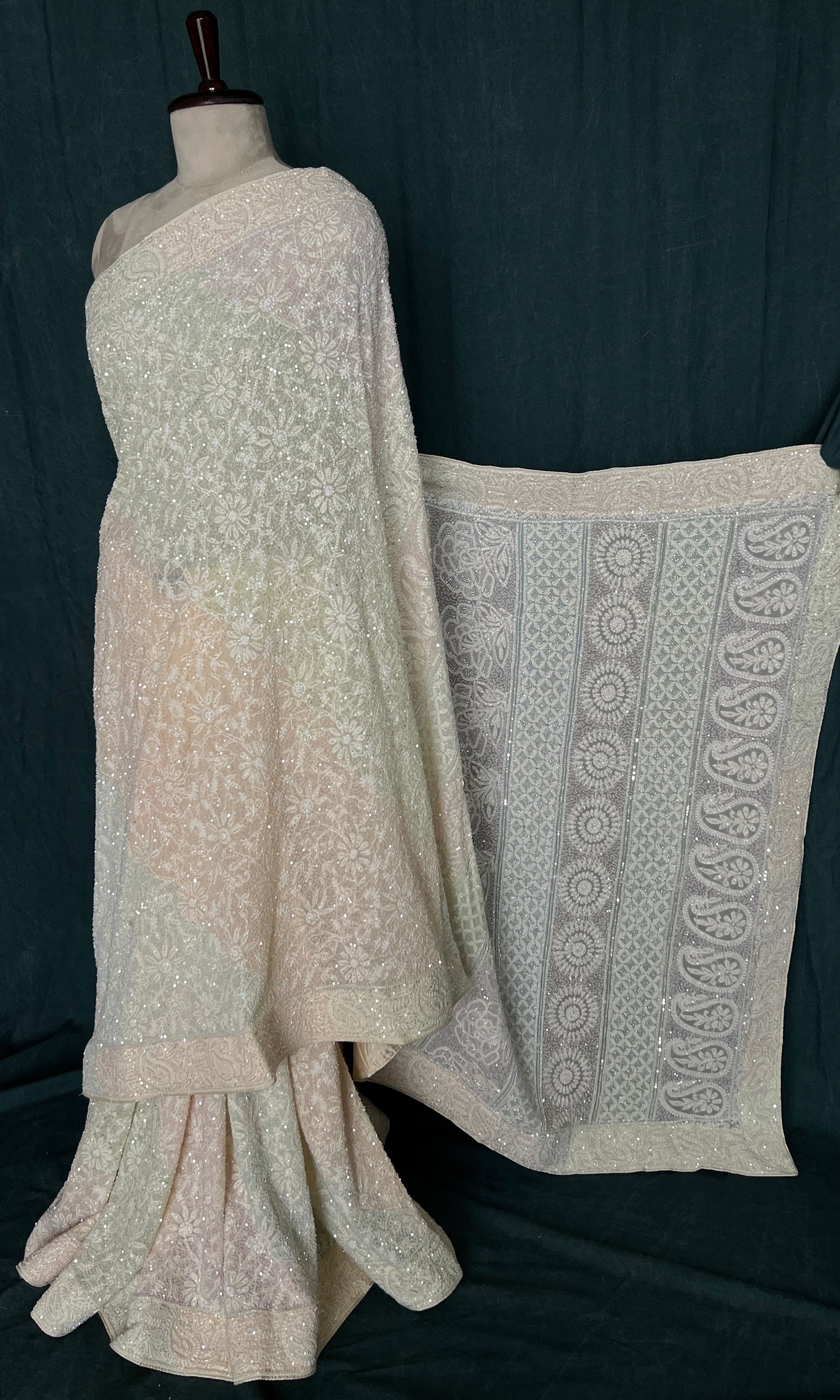 Ruhani Cream Chikankari Multi Cut Dana and Sequins Saree