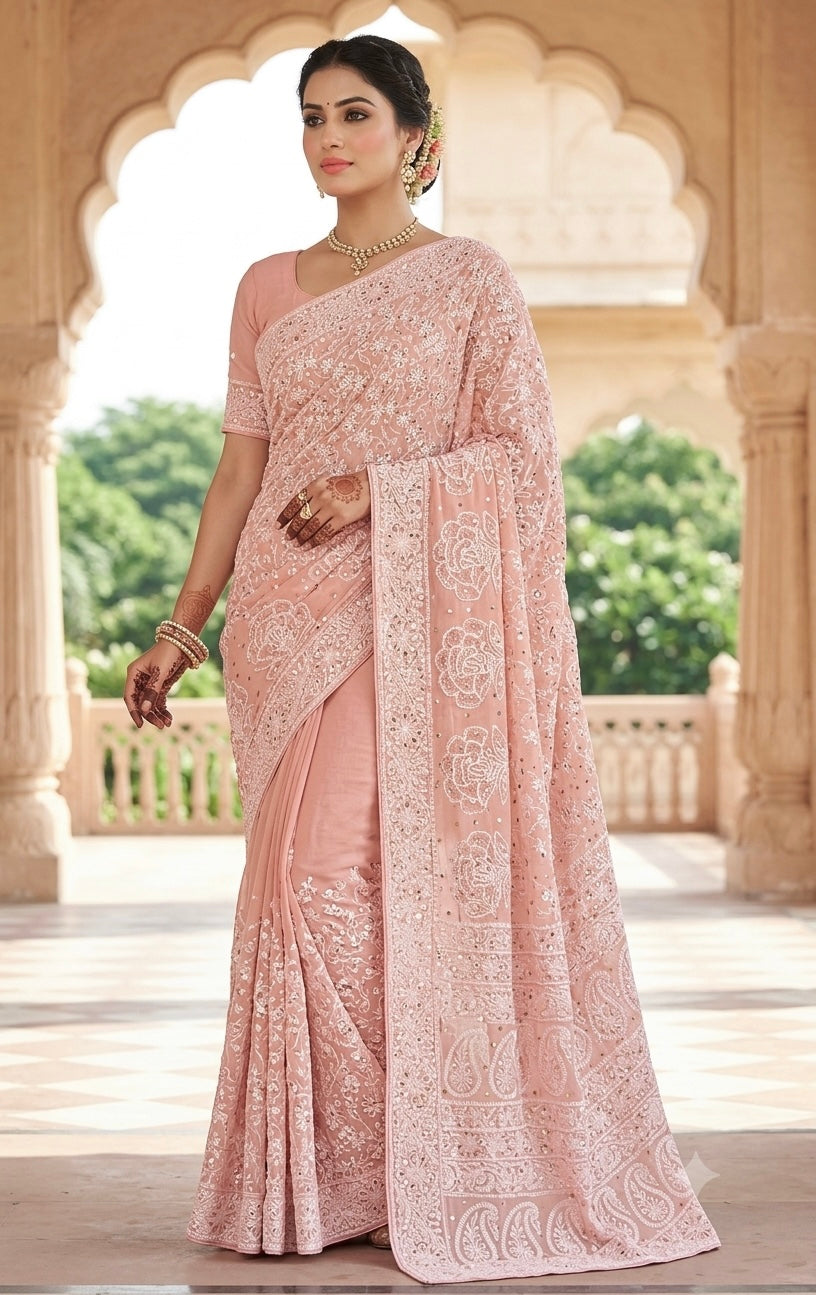 Ruhani Peachish Pink Allover Fine Chikankari and Mukaish Saree