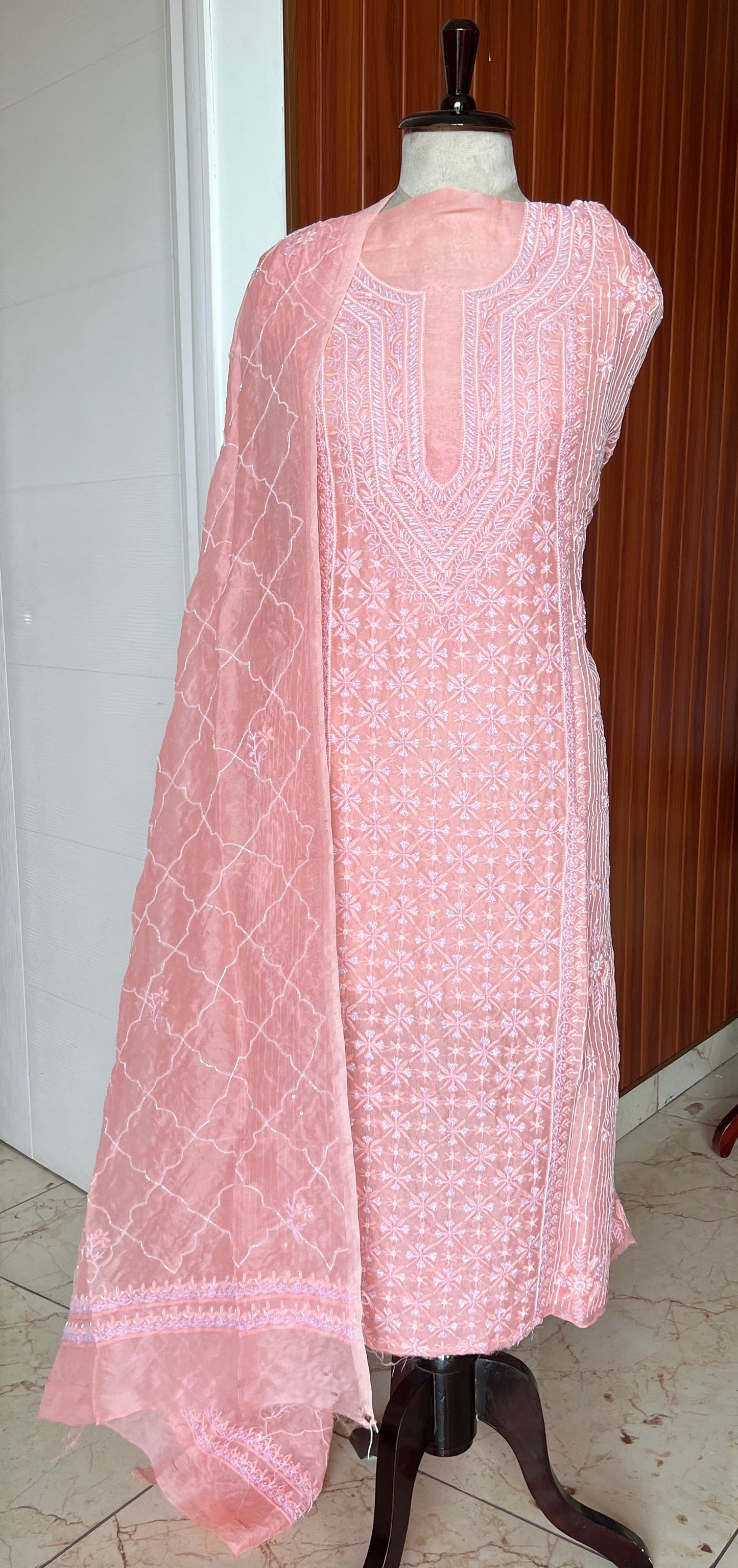 Ruhani Gajri Pink Chikankari & heavy Sequins pure Organza kurta with dupatta