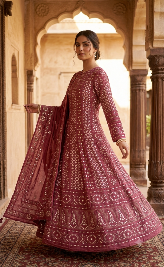 Ruhani Berry Pink Chikankari gota mirror sequins pearl anarkali
