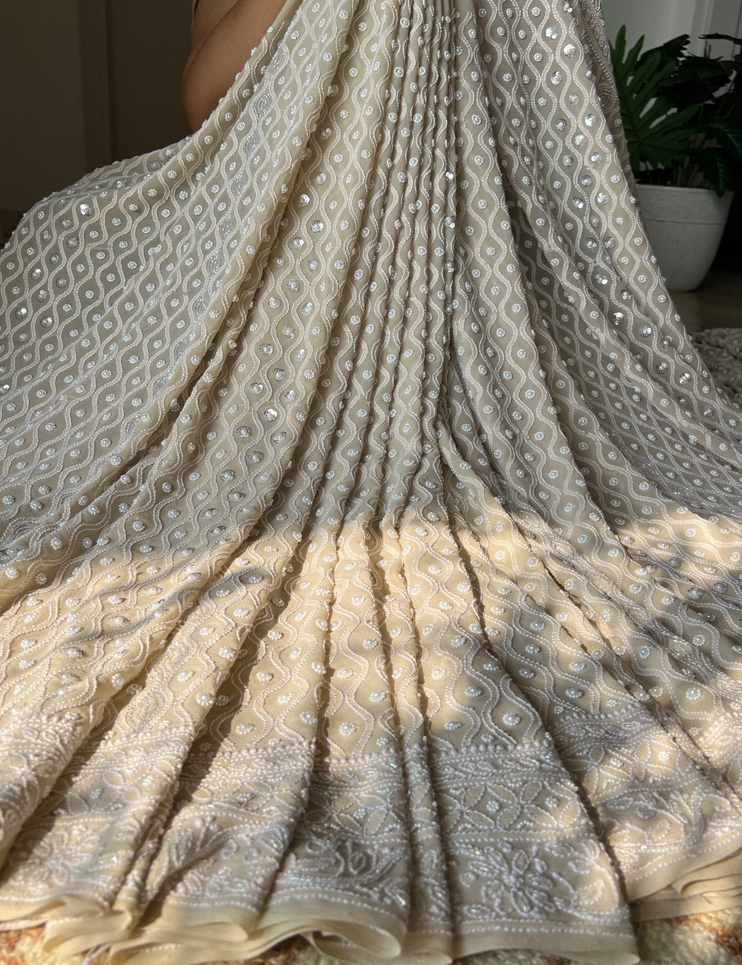 Ruhani Nude Champagne Chikankari Pearl Cut Dana and Sequins Saree