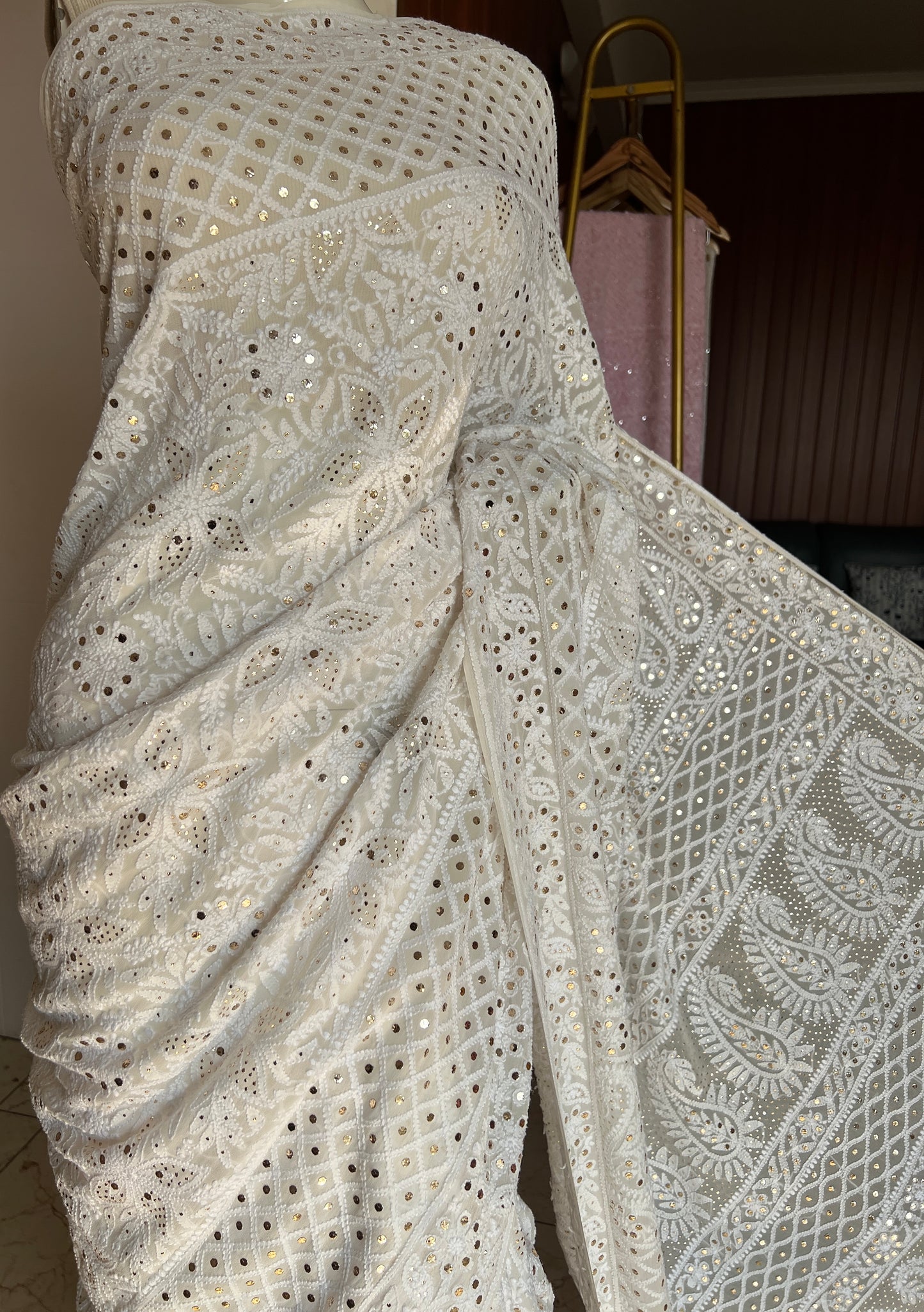 Ruhani Ivory Allover Designer Chikankari and Mukaish Saree