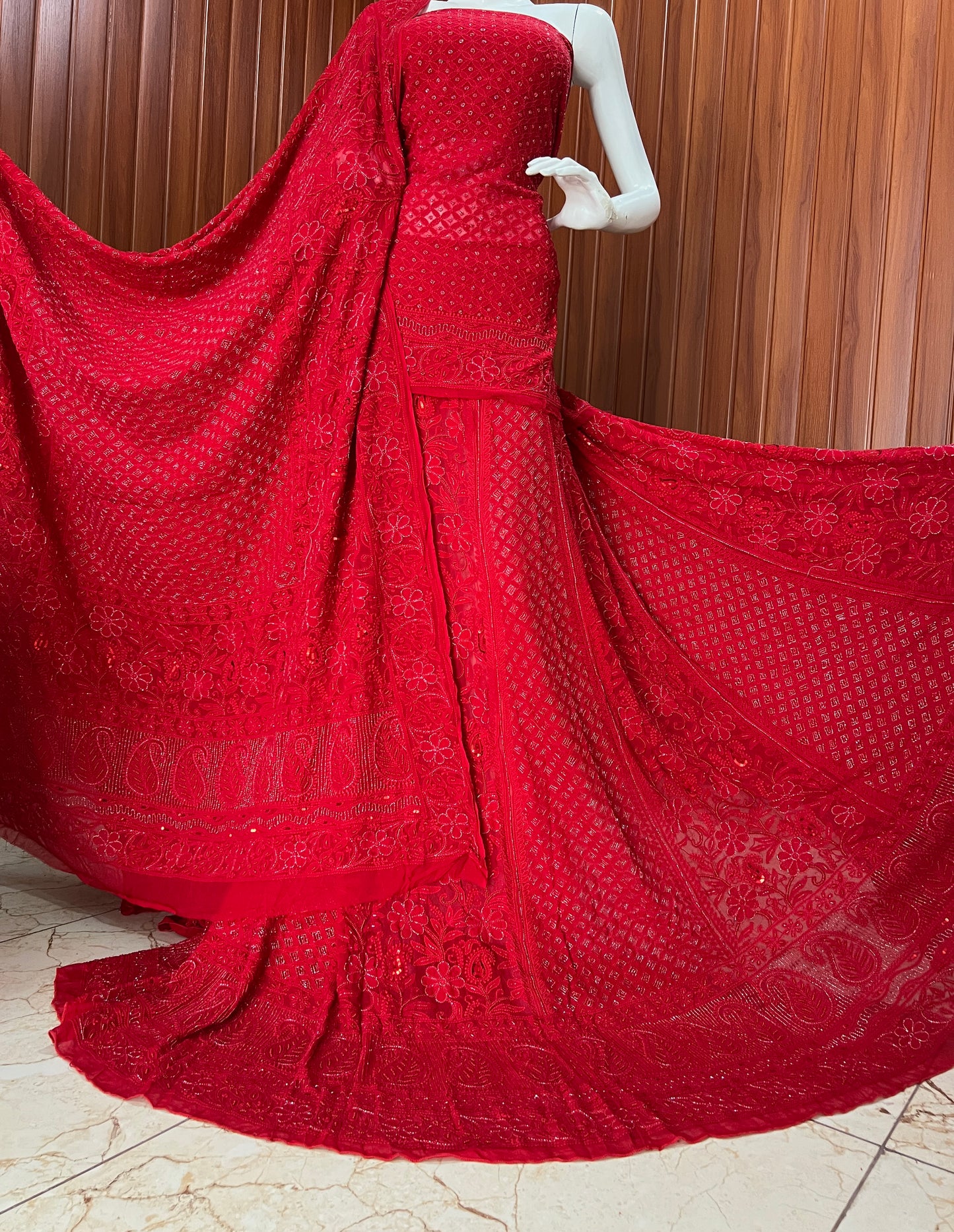 Ruhani Surkh Laal Chikankari Cut Dana Sequins Wedding Lehenga